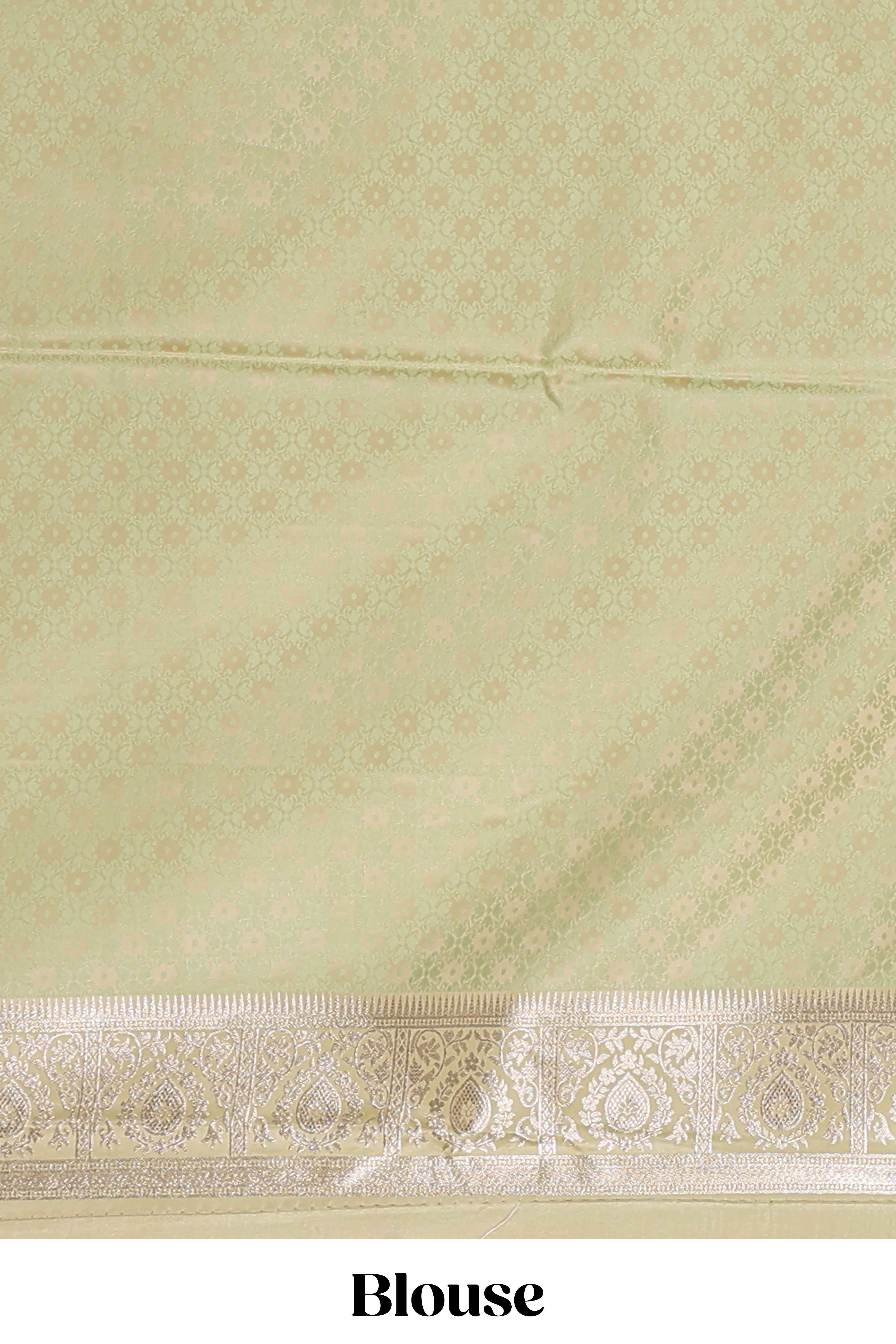 Pastel mint green floral design motifs banarasi silk saree with self border and matching floral printed blouse