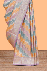 Lavender floral design motifs banarasi silk saree with self border and matching floral printed blouse