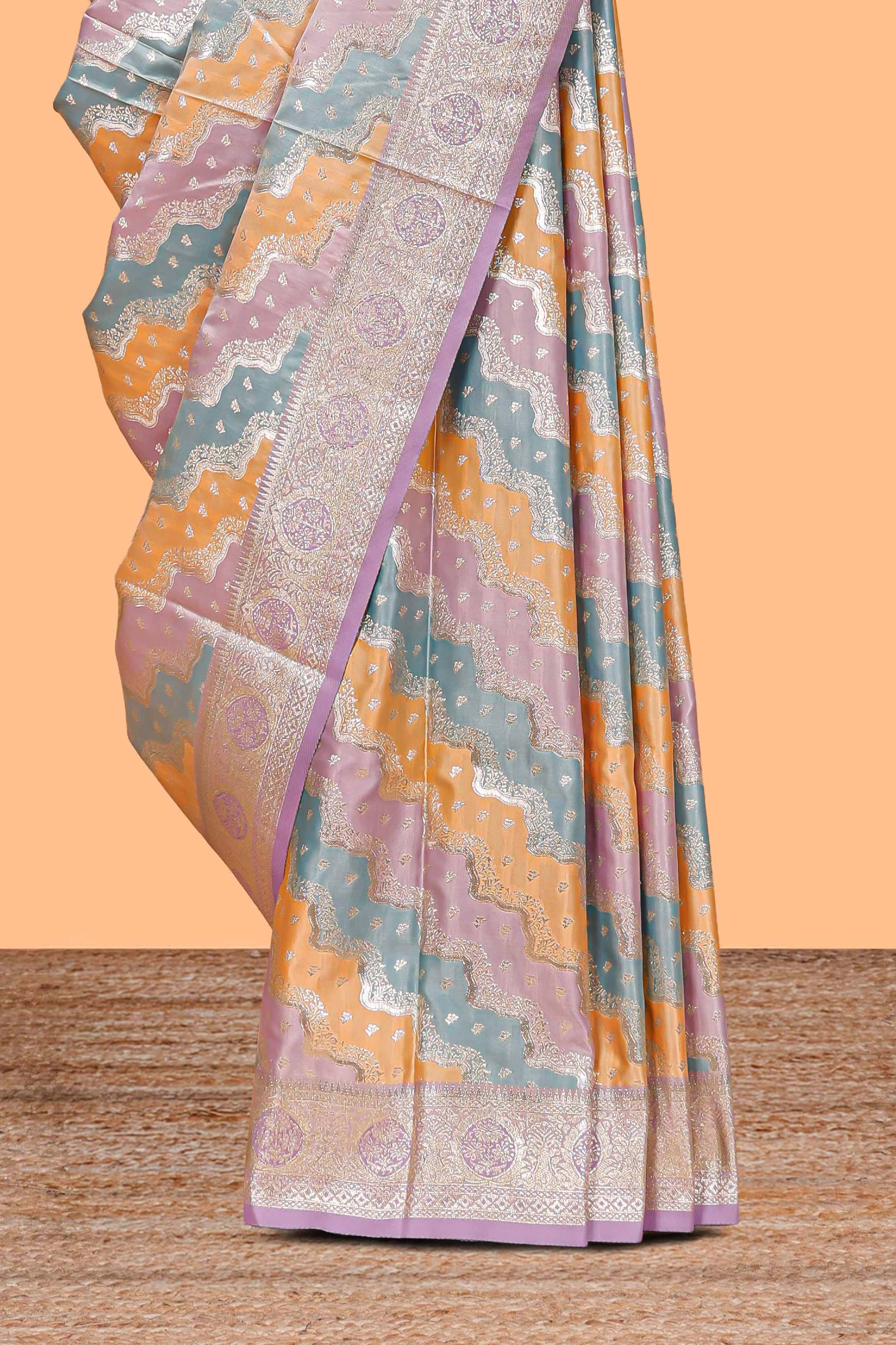 Lavender floral design motifs banarasi silk saree with self border and matching floral printed blouse