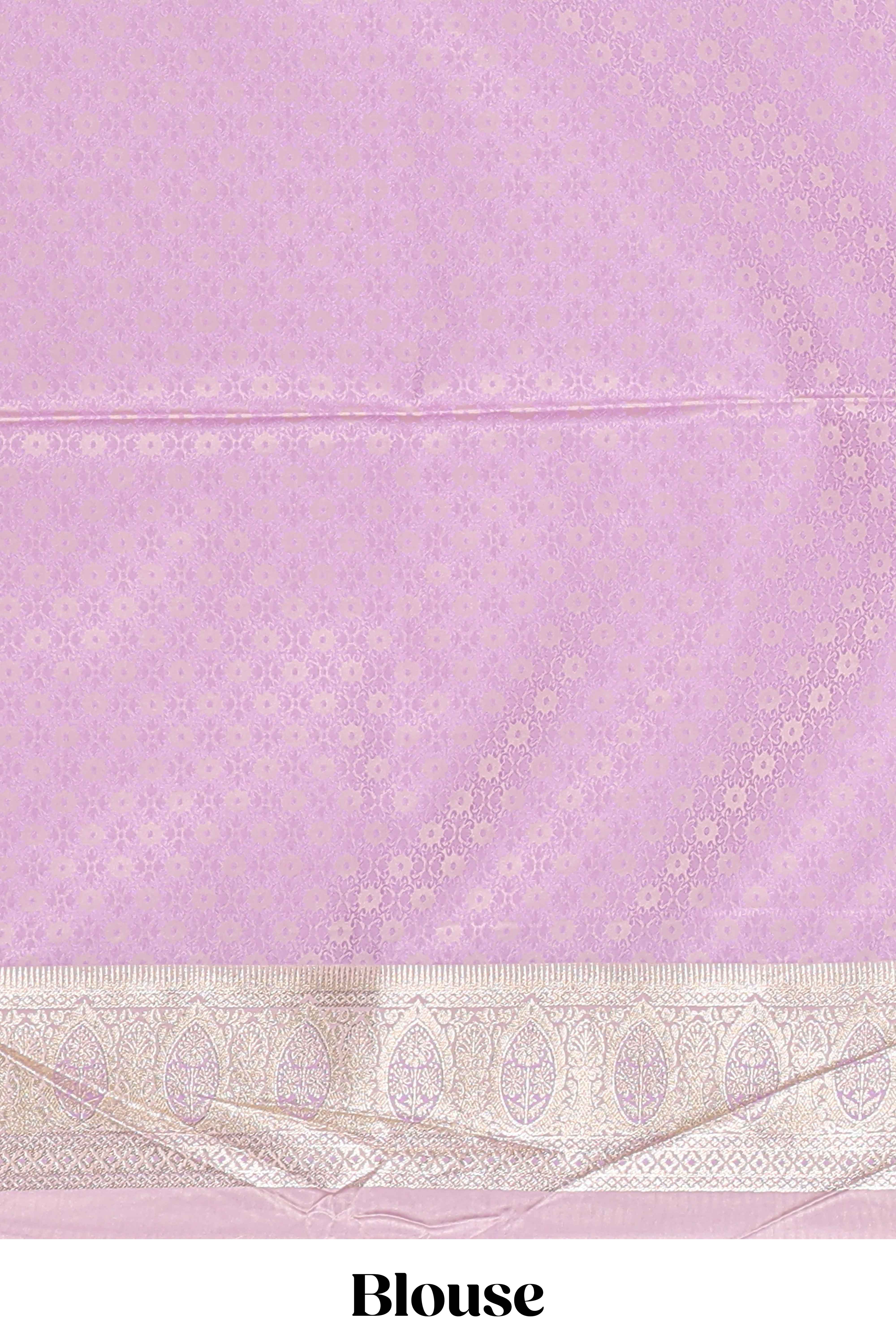 Lavender floral design motifs banarasi silk saree with self border and matching floral printed blouse