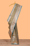 Olive gold floral design banarasi silk saree with contrast border and floral printed blouse