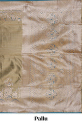 Olive gold floral design banarasi silk saree with contrast border and floral printed blouse