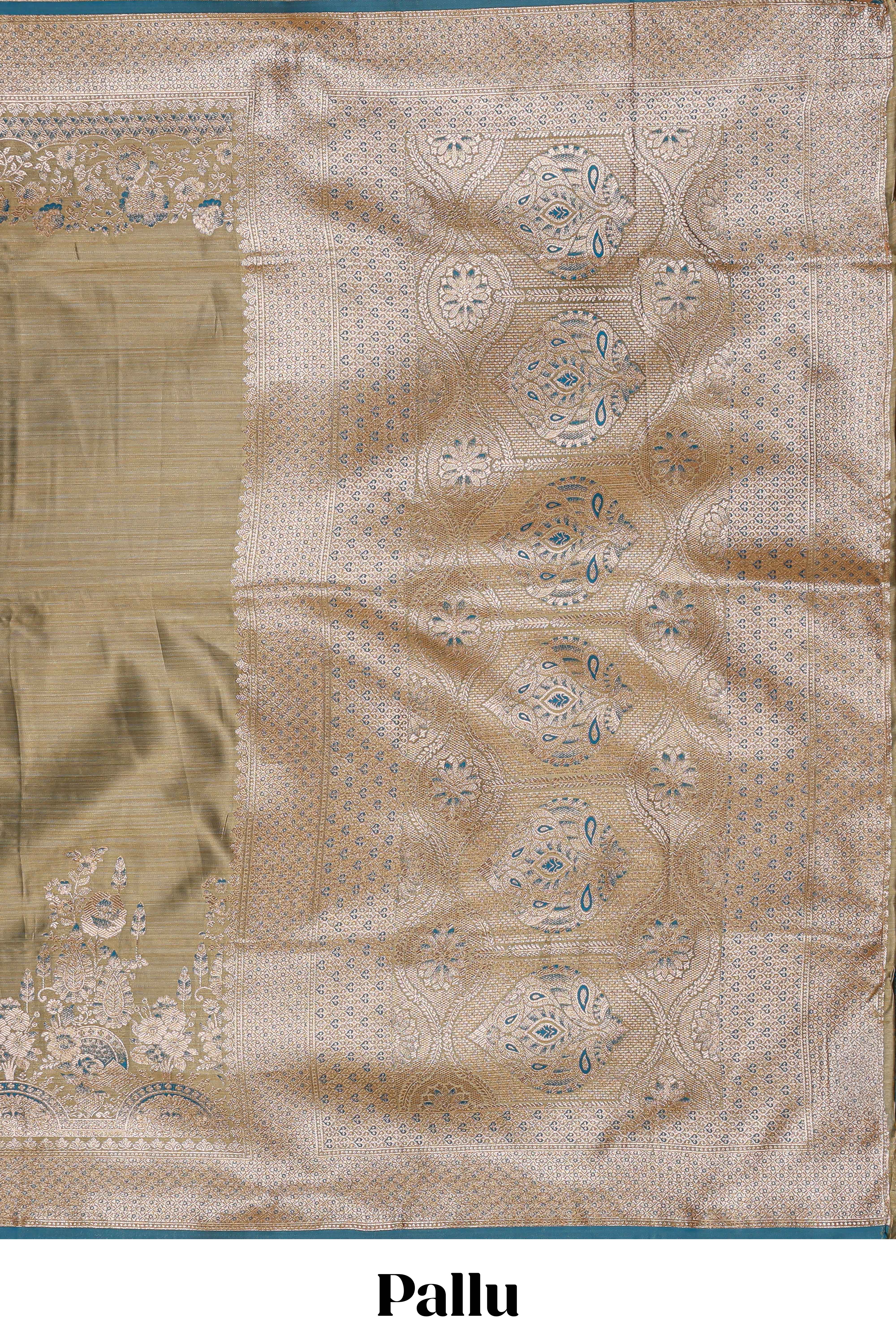 Olive gold floral design banarasi silk saree with contrast border and floral printed blouse