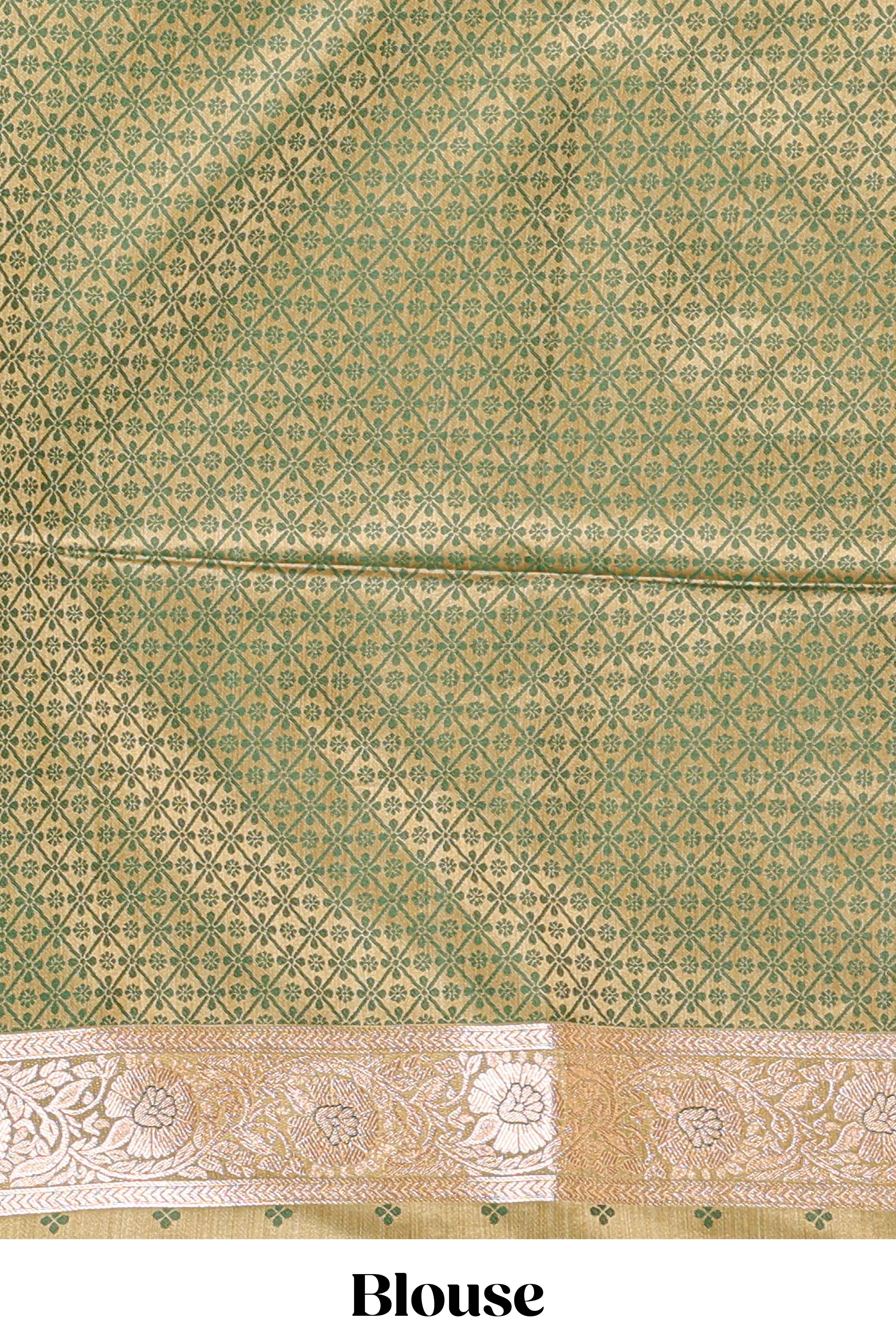 Olive green floral design motifs banarasi silk saree with contrast border and floral printed blouse