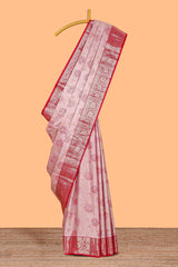 Baby pink floral design motifs banarasi silk saree with contrast border and matching floral print blouse