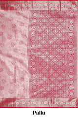 Baby pink floral design motifs banarasi silk saree with contrast border and matching floral print blouse