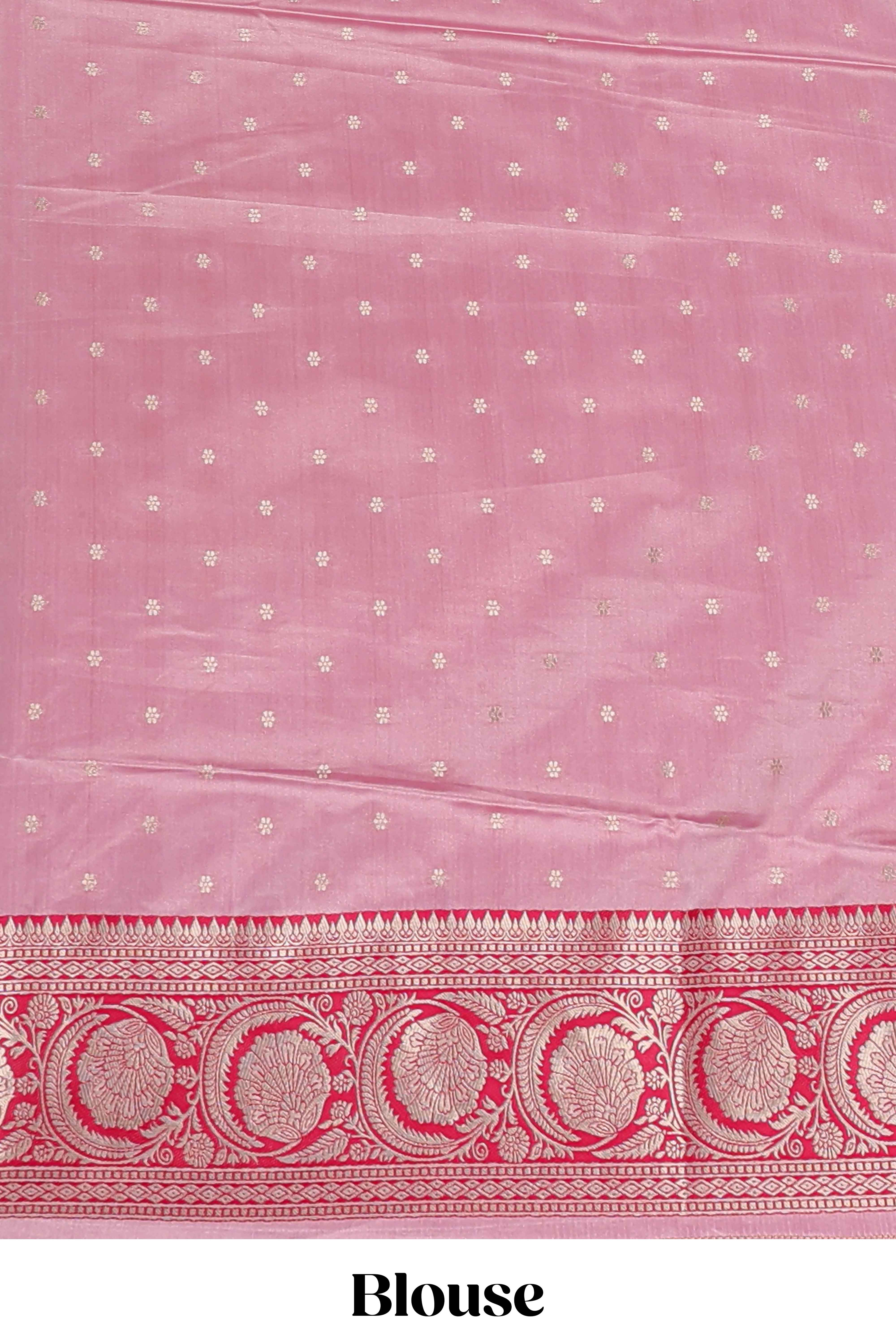 Baby pink floral design motifs banarasi silk saree with contrast border and matching floral print blouse
