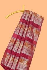 Borderless maroon striped floral design banarasi silk saree with self pallu and matching blouse