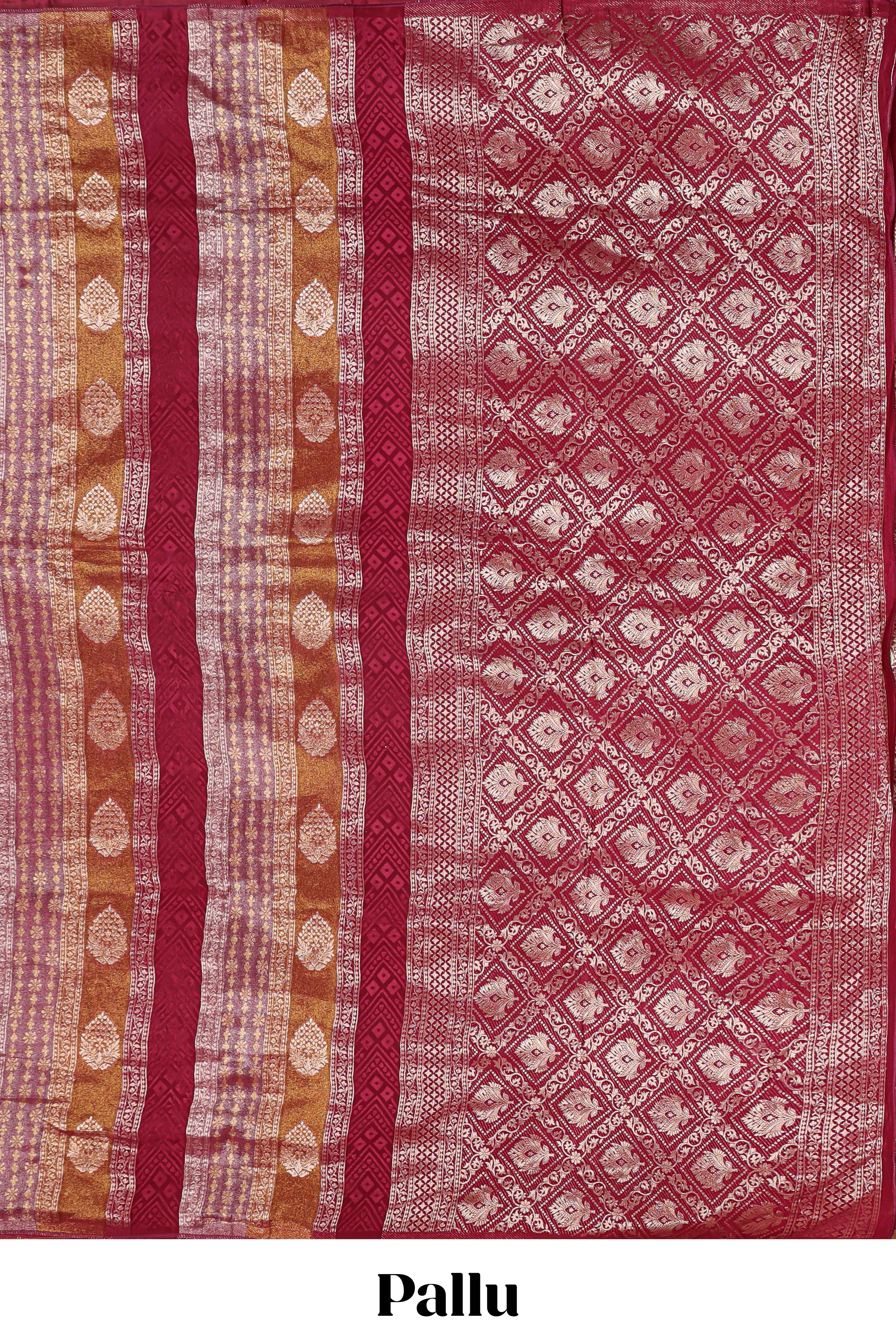 Borderless maroon striped floral design banarasi silk saree with self pallu and matching blouse