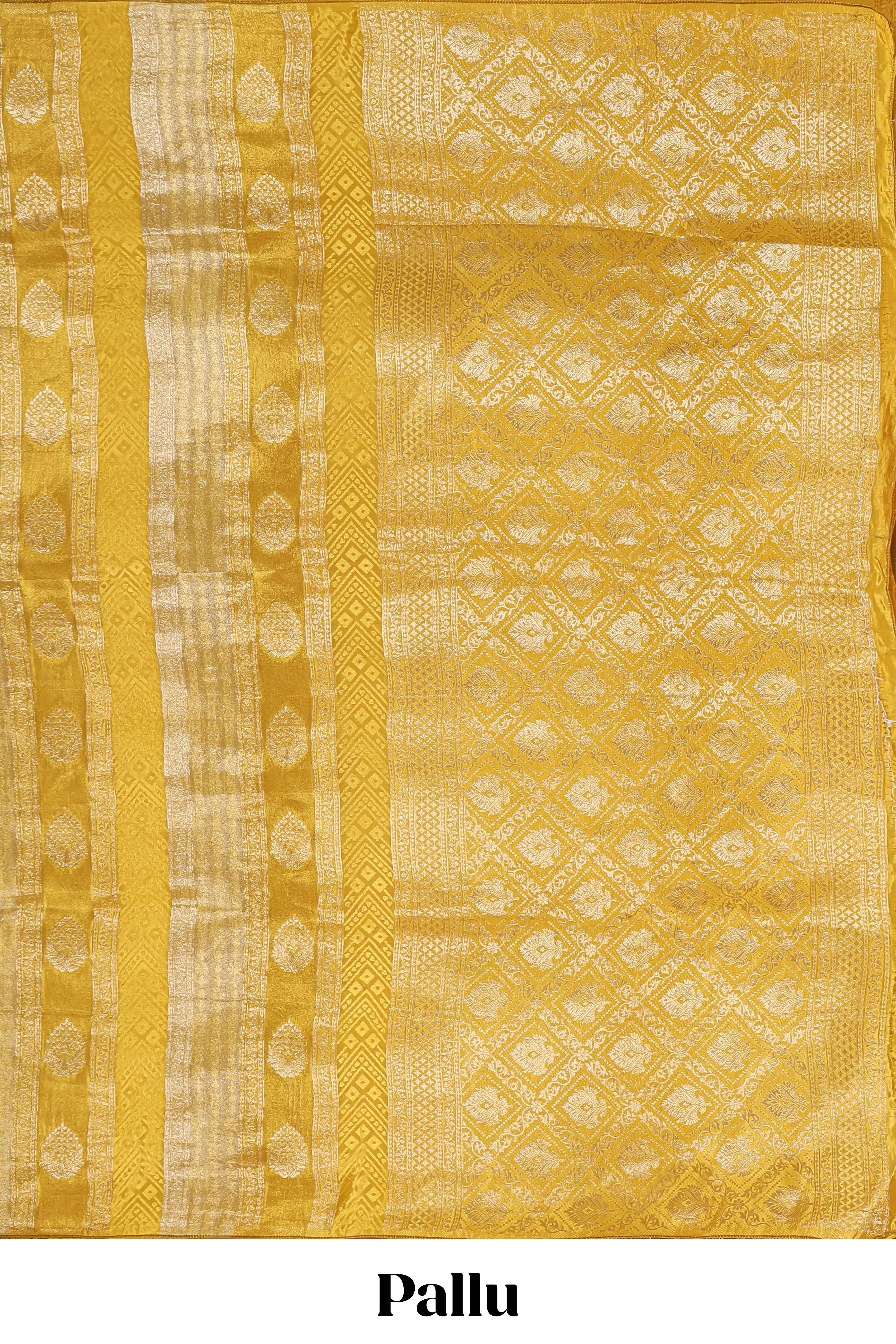 Borderless yellow striped floral design banarasi silk saree with self pallu and matching blouse