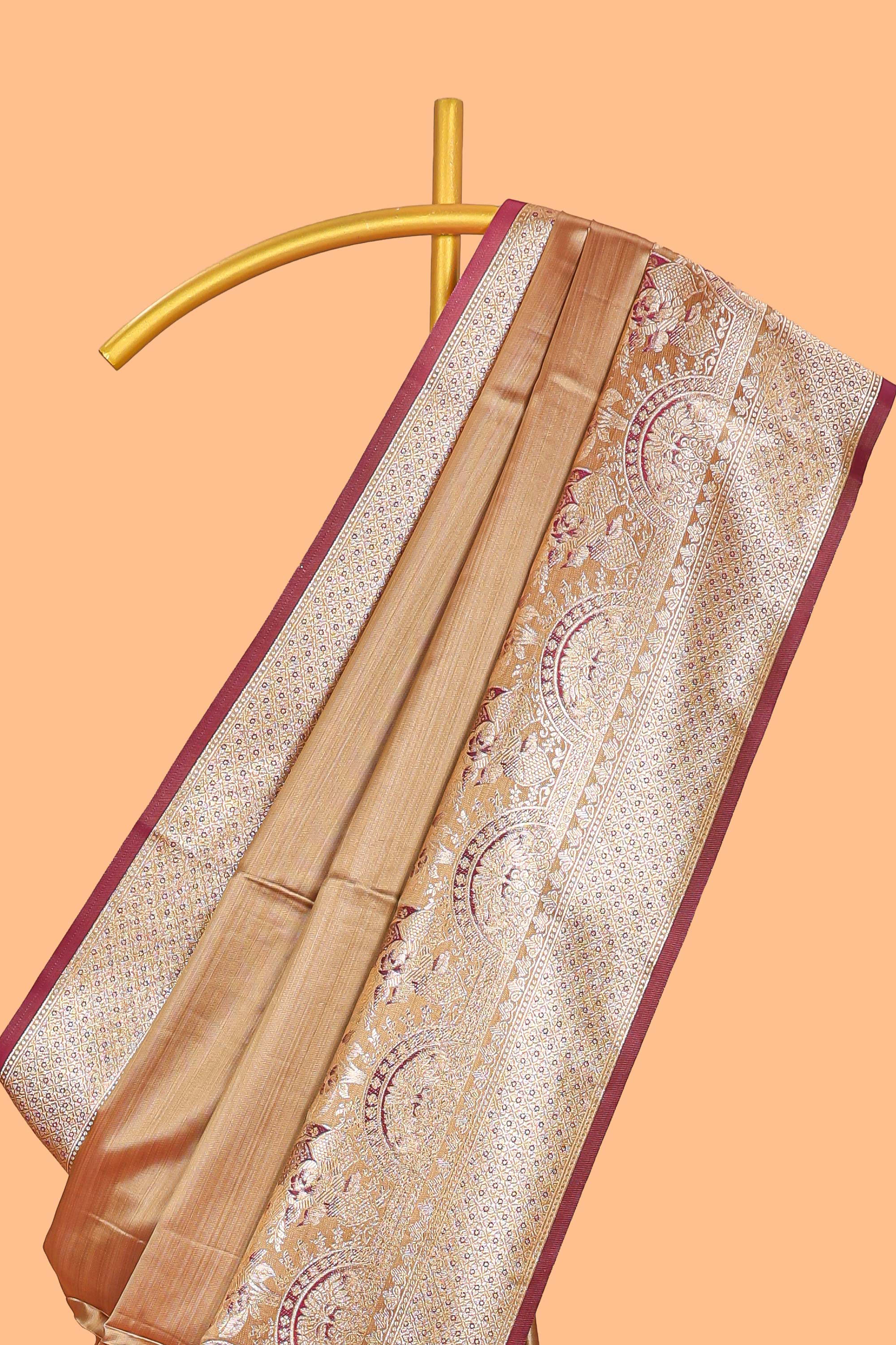Rust orange floral design banarasi silk saree with contrast border and floral printed blouse