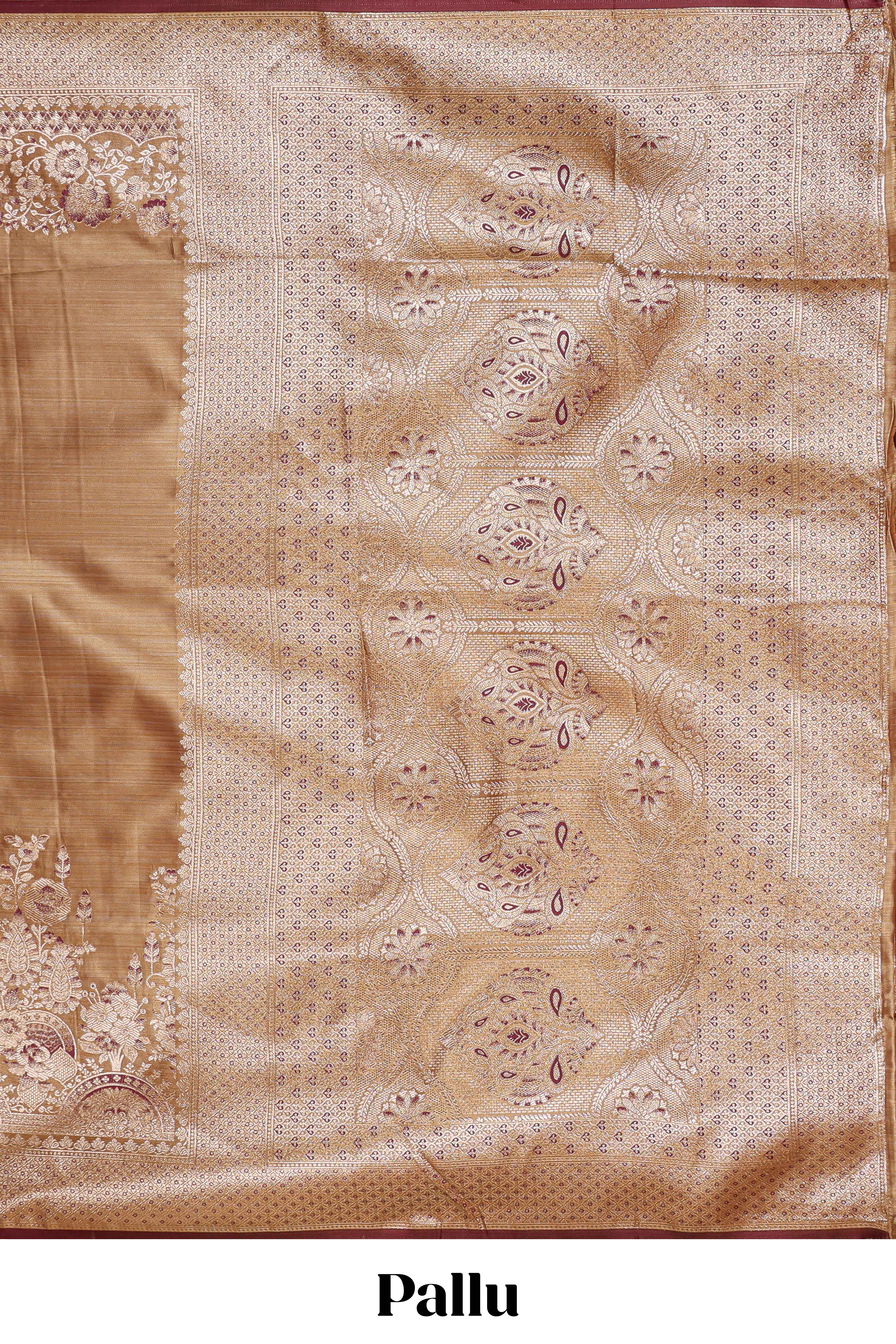 Rust orange floral design banarasi silk saree with contrast border and floral printed blouse