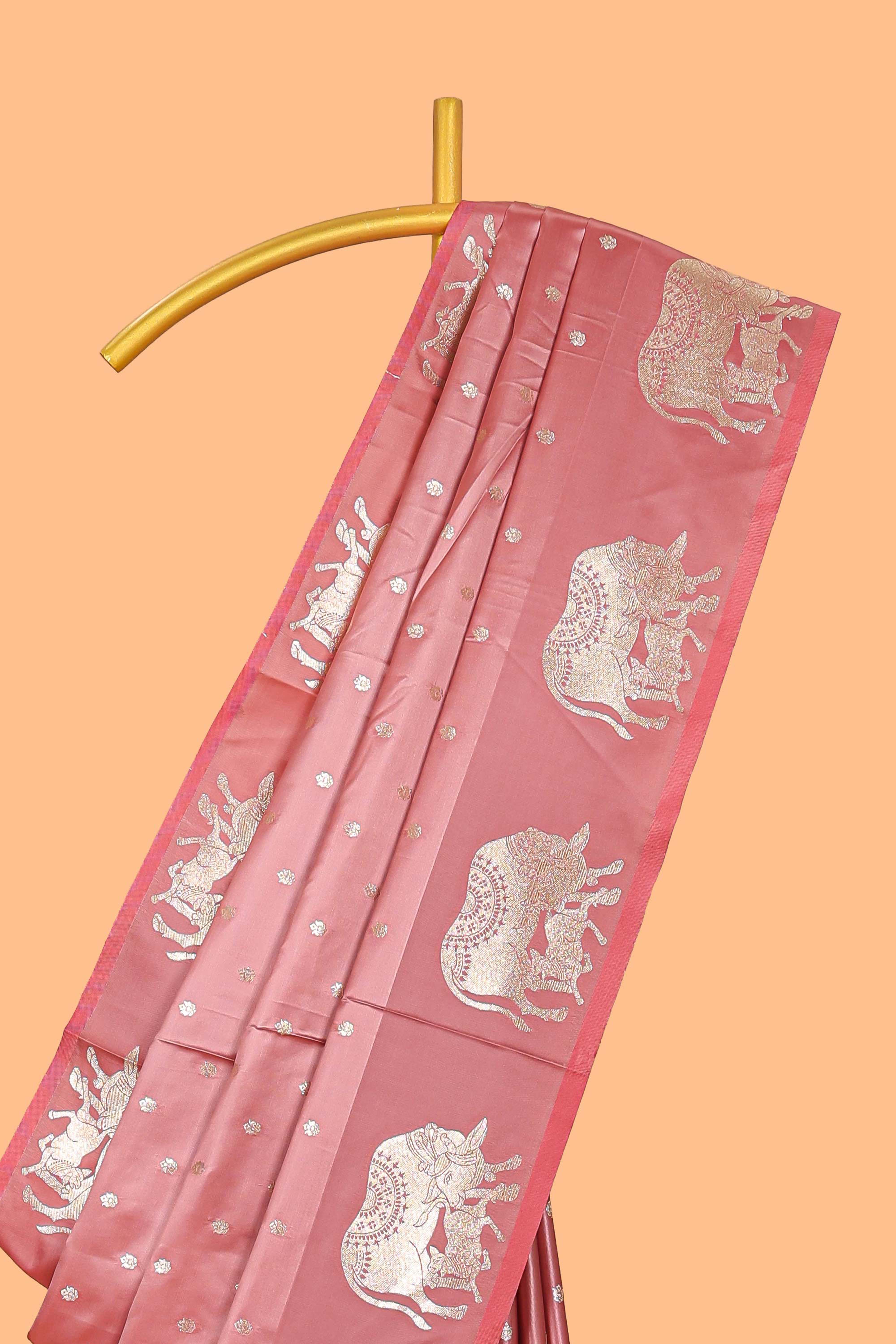 Pink floral motifs design banarasi silk saree with self cow design border and matching floral printed blouse