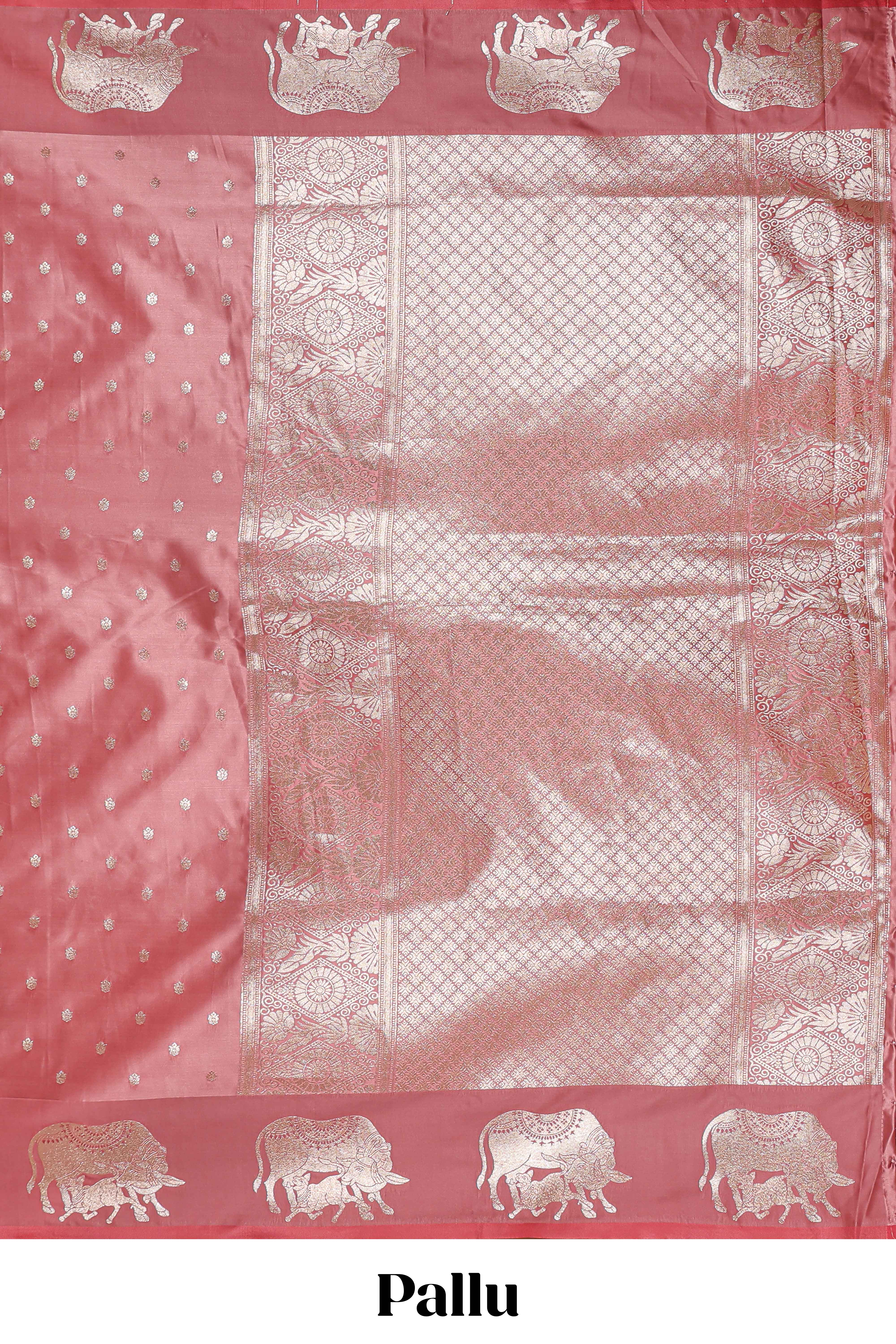 Pink floral motifs design banarasi silk saree with self cow design border and matching floral printed blouse