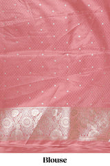 Pink floral motifs design banarasi silk saree with self cow design border and matching floral printed blouse