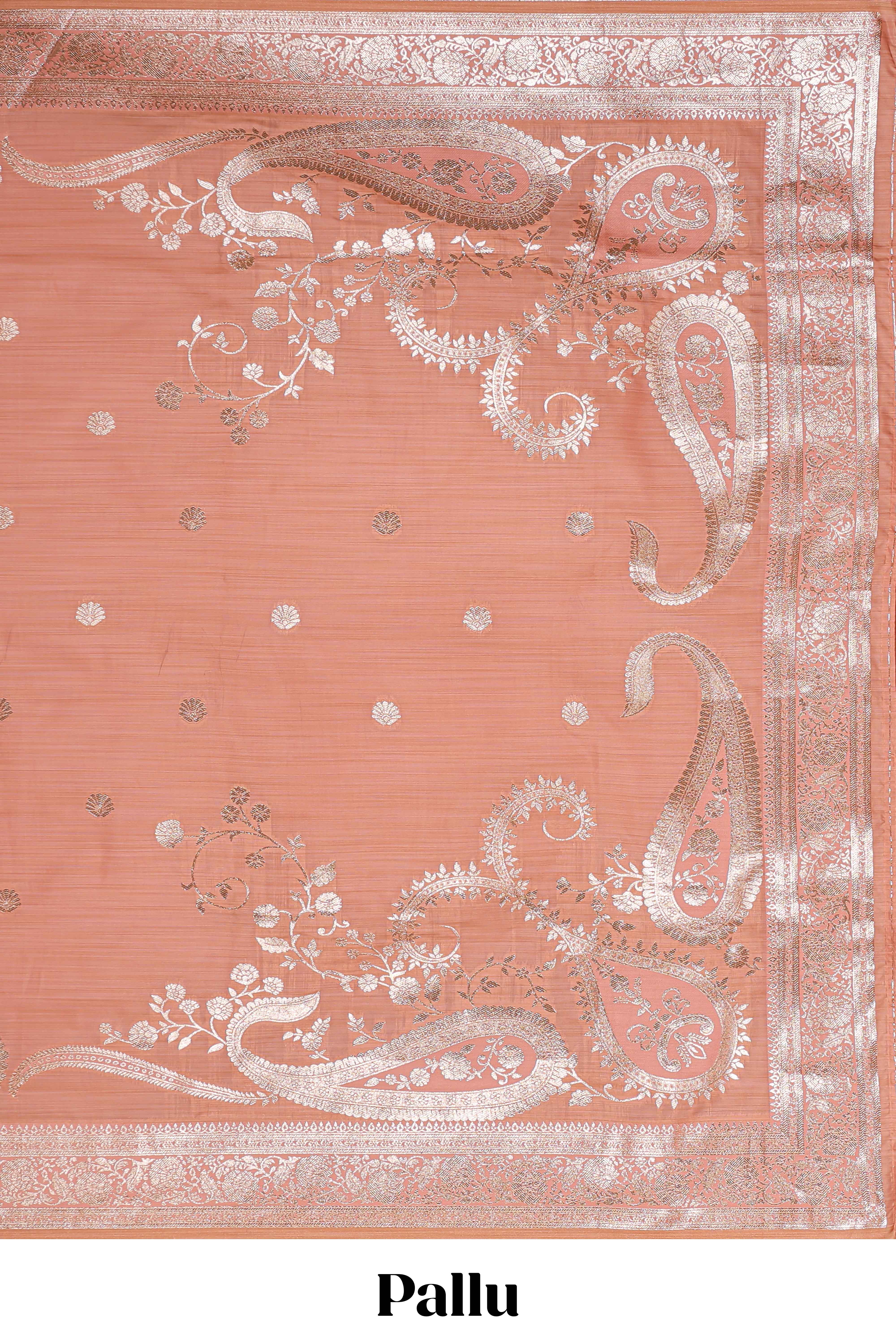 Peach floral motifs design banarasi silk saree with self zari border and matching floral printed blouse