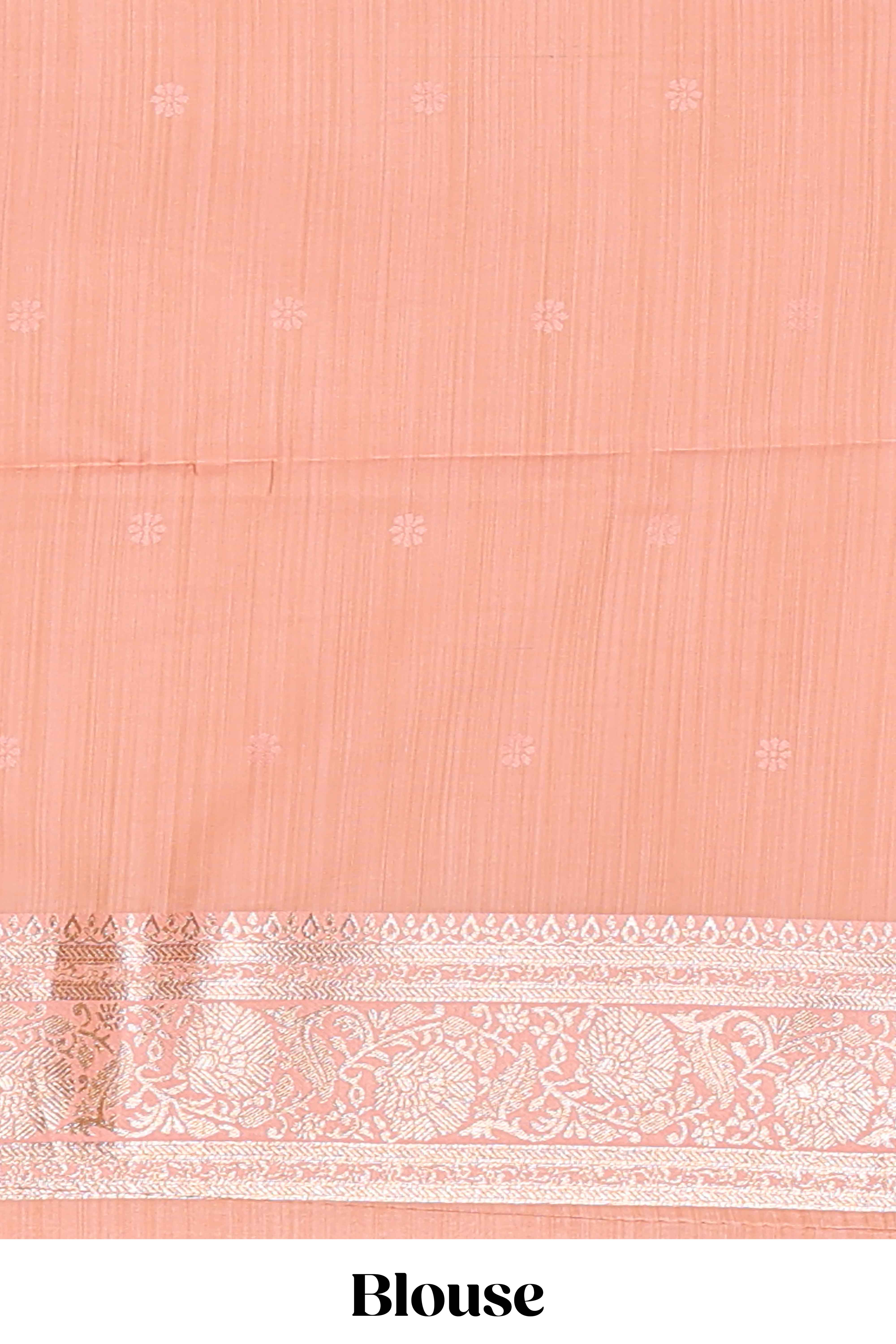 Peach floral motifs design banarasi silk saree with self zari border and matching floral printed blouse
