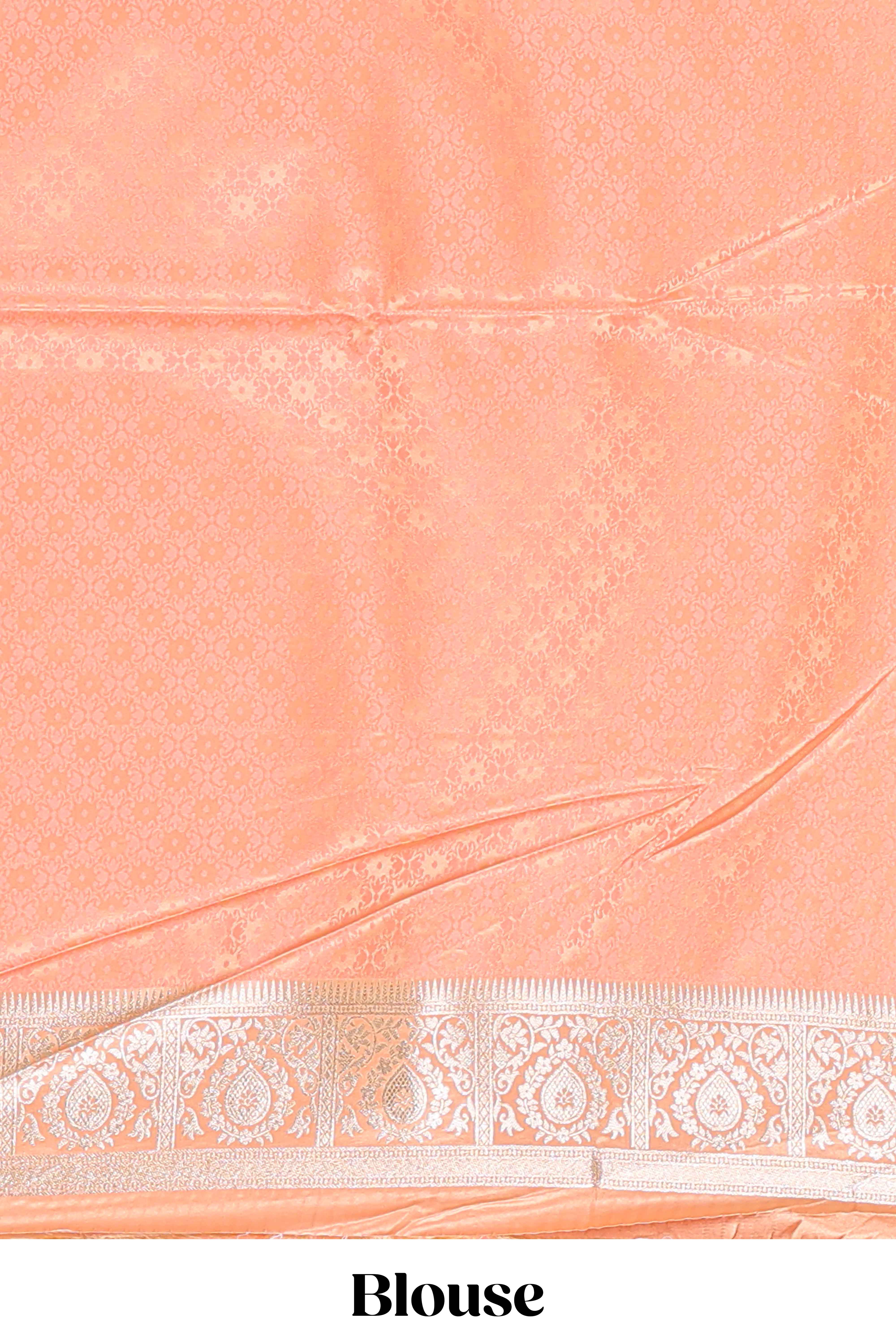 Pastel orange floral design motifs banarasi silk saree with self border and matching floral printed blouse