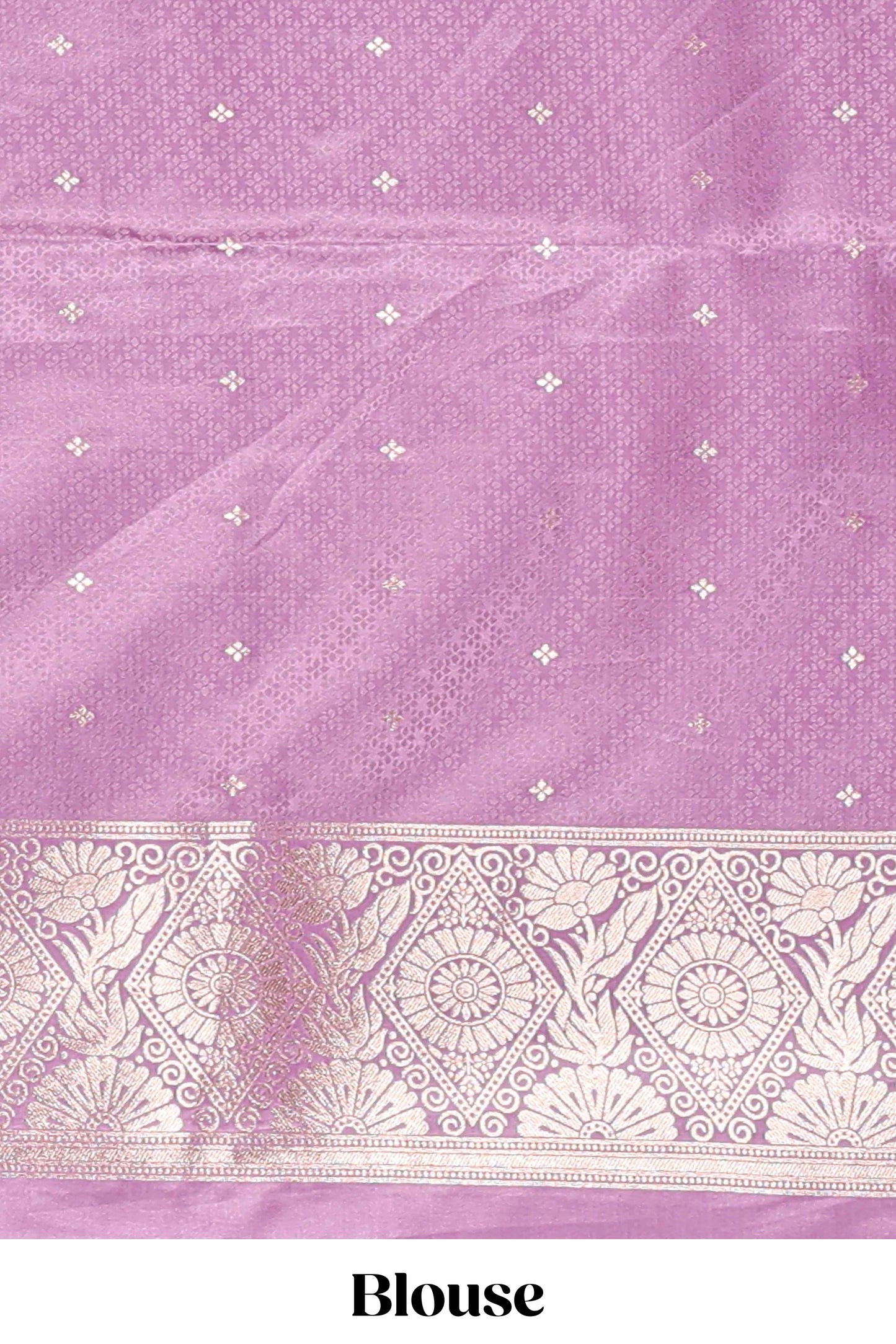 Lavender floral motifs design banarasi silk saree with self cow design border and matching floral printed blouse