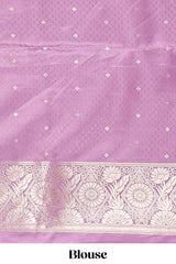 Lavender floral motifs design banarasi silk saree with self cow design border and matching floral printed blouse