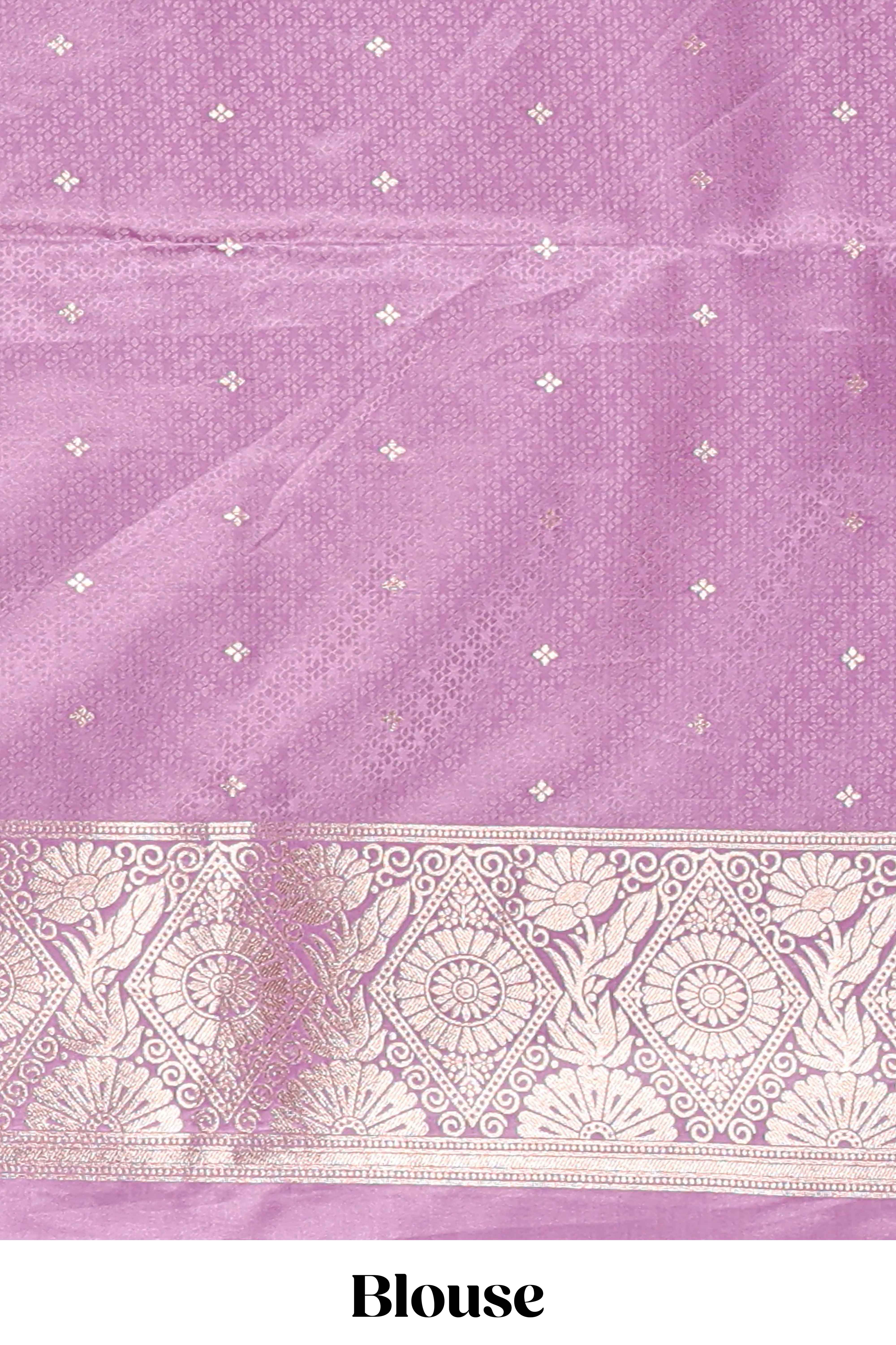 Lavender floral motifs design banarasi silk saree with self cow design border and matching floral printed blouse