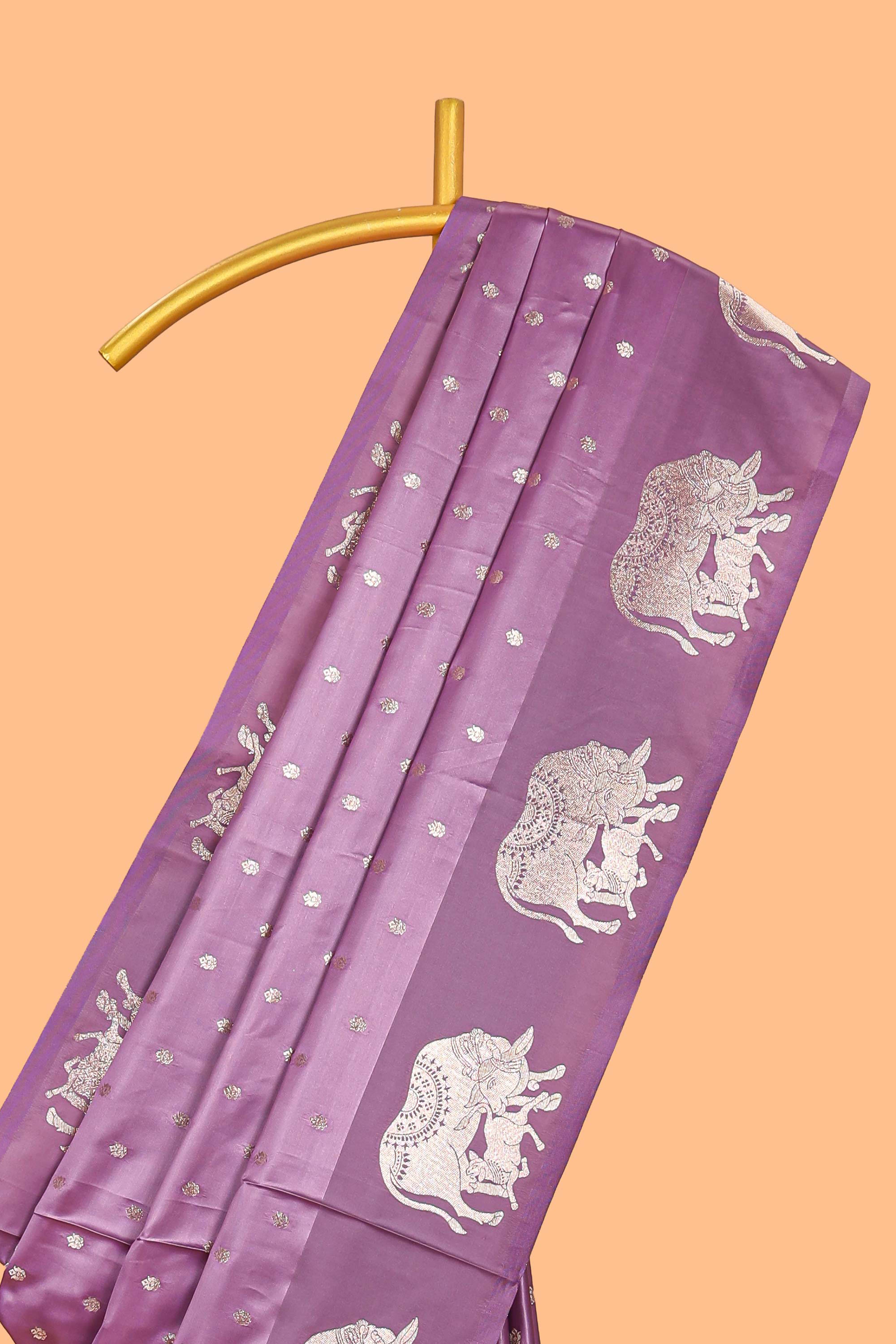 Lavender floral motifs design banarasi silk saree with self cow design border and matching floral printed blouse