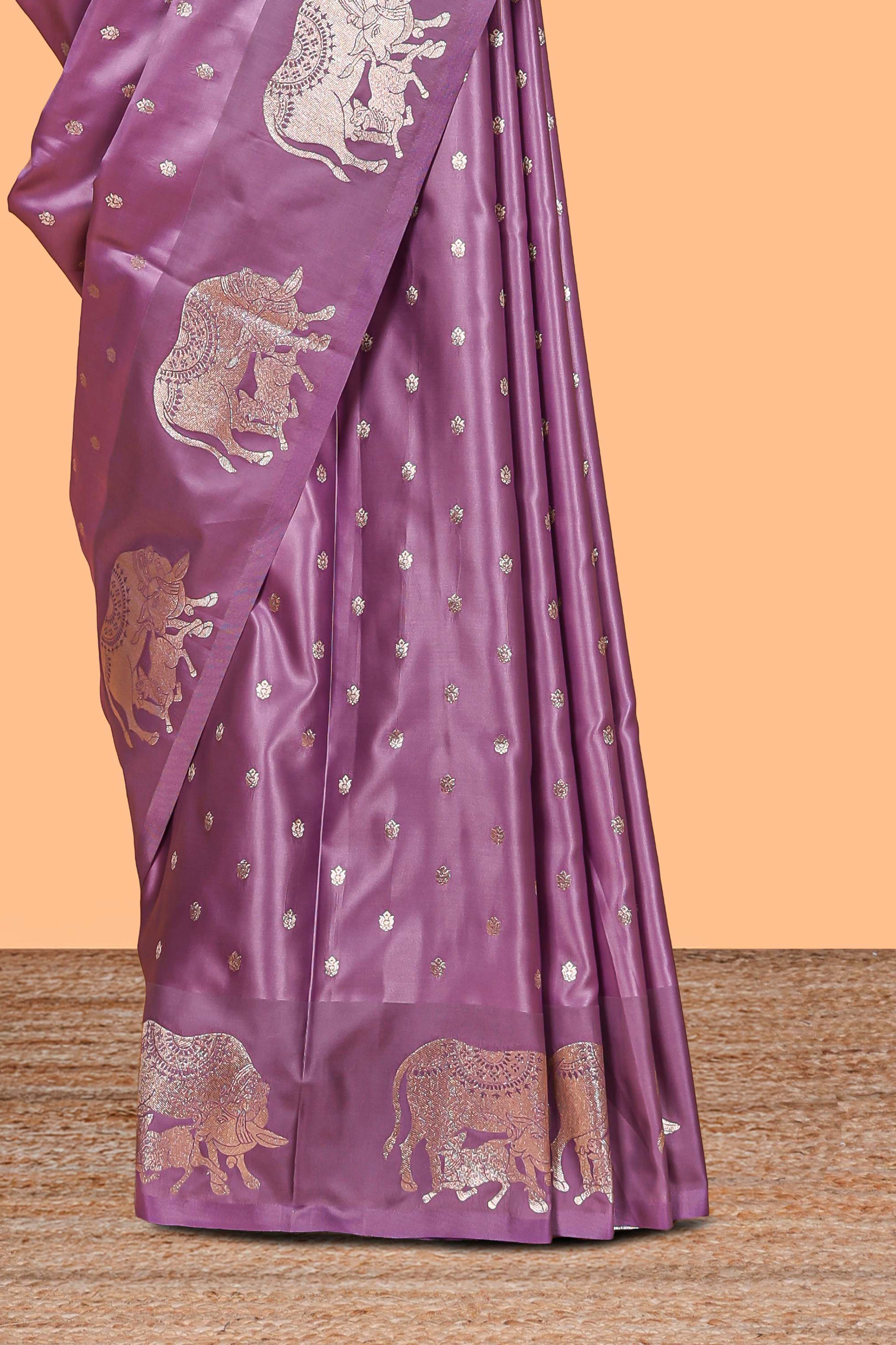Lavender floral motifs design banarasi silk saree with self cow design border and matching floral printed blouse