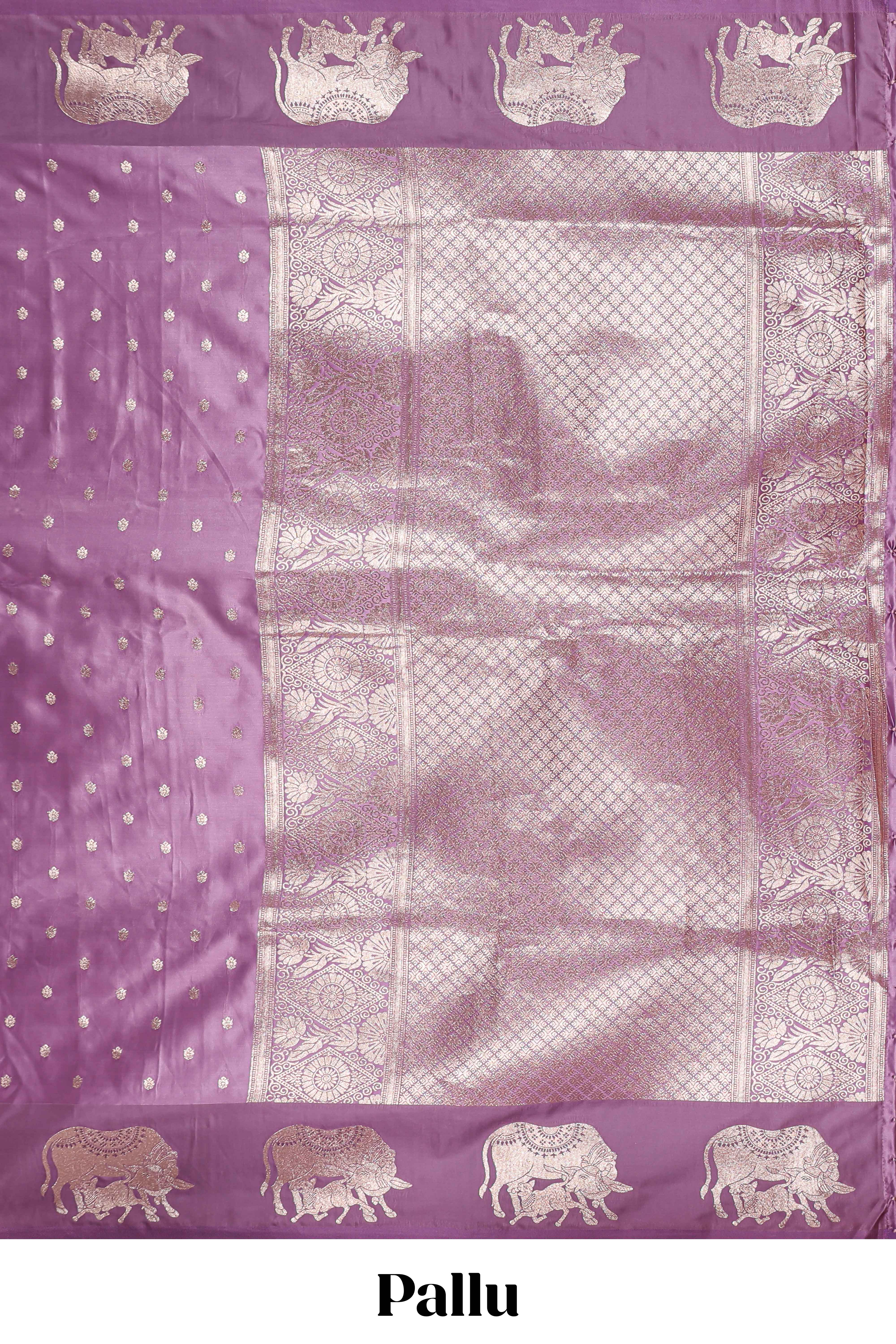 Lavender floral motifs design banarasi silk saree with self cow design border and matching floral printed blouse