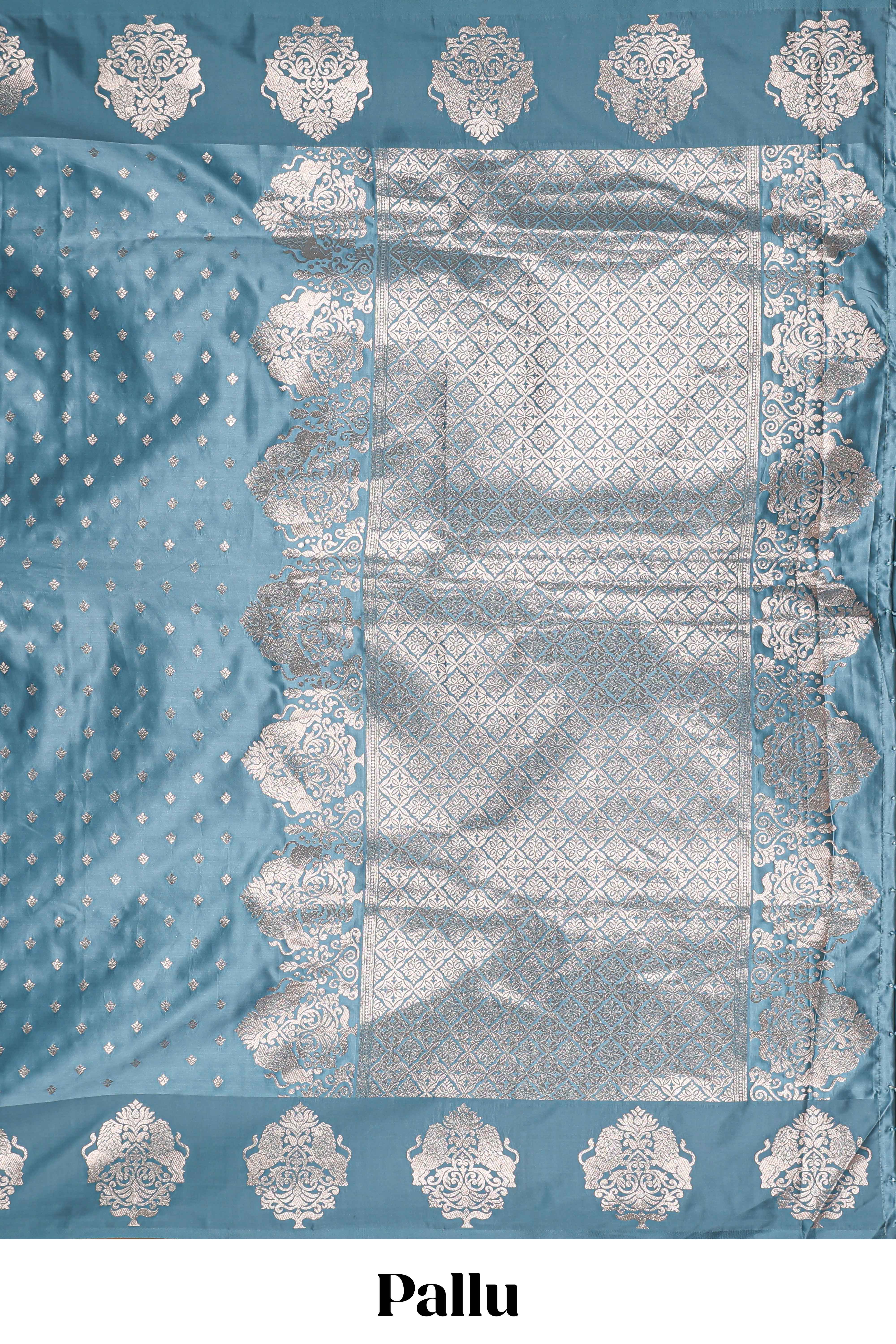 Blue floral motifs design banarasi silk saree with self zari border and matching floral printed blouse