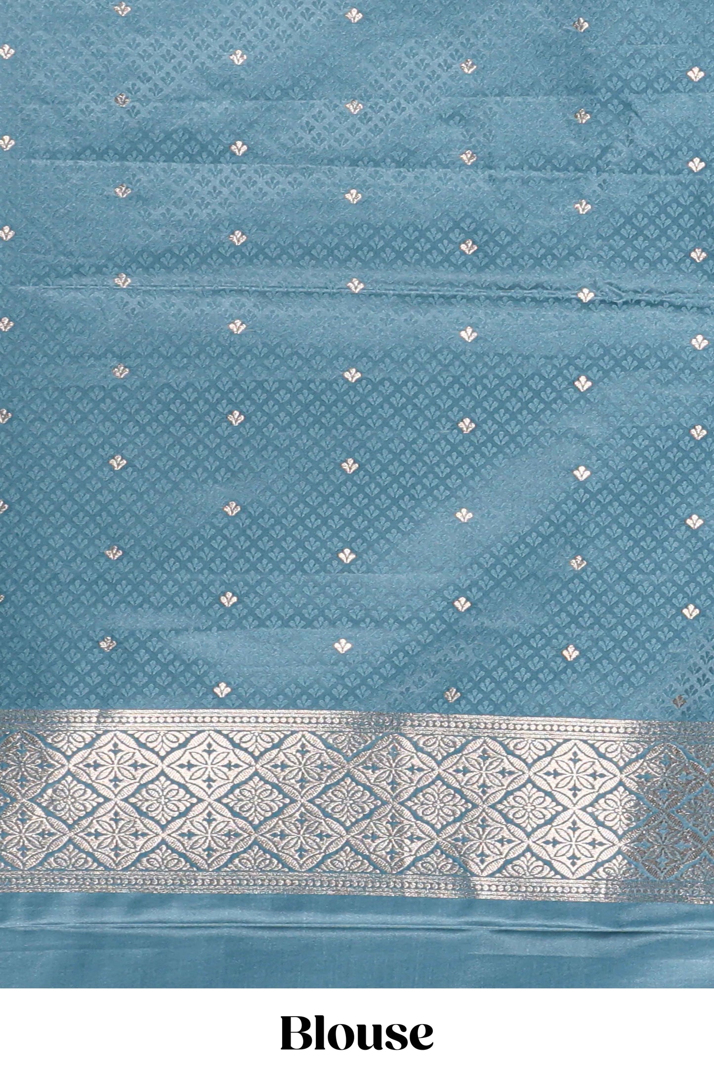Blue floral motifs design banarasi silk saree with self zari border and matching floral printed blouse