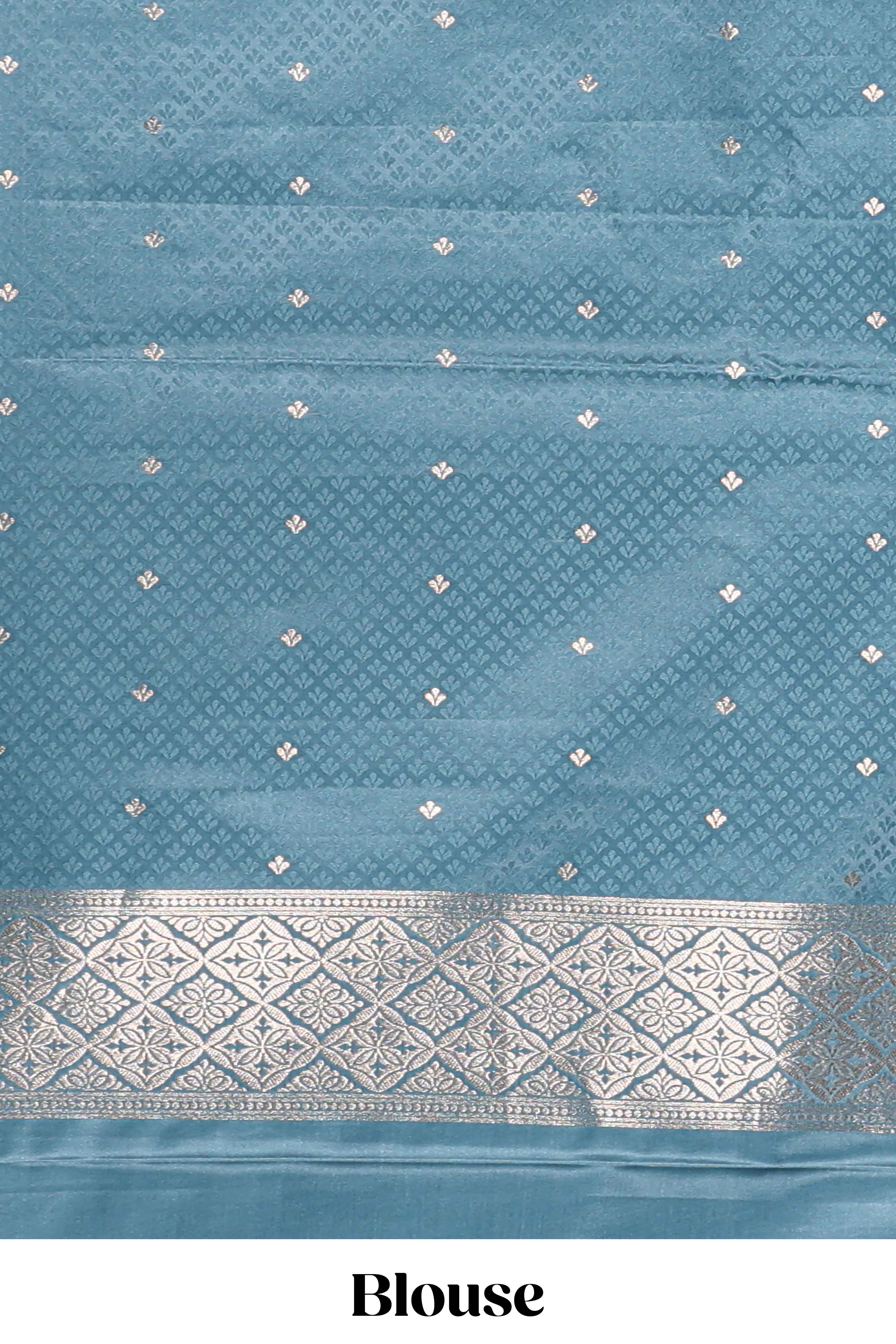 Blue floral motifs design banarasi silk saree with self zari border and matching floral printed blouse