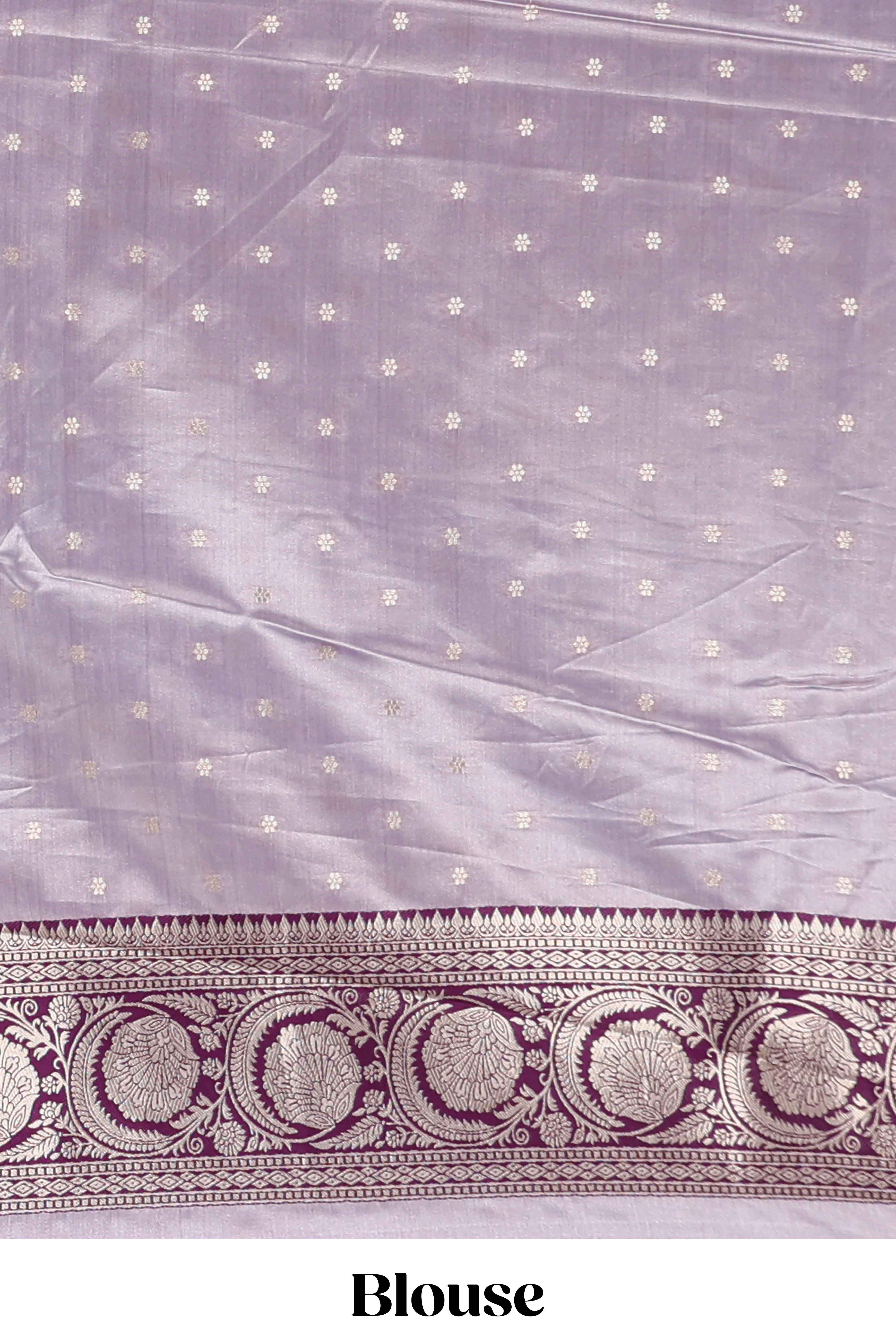 Lavender floral design banarasi silk saree with contrast border and matching floral printed blouse