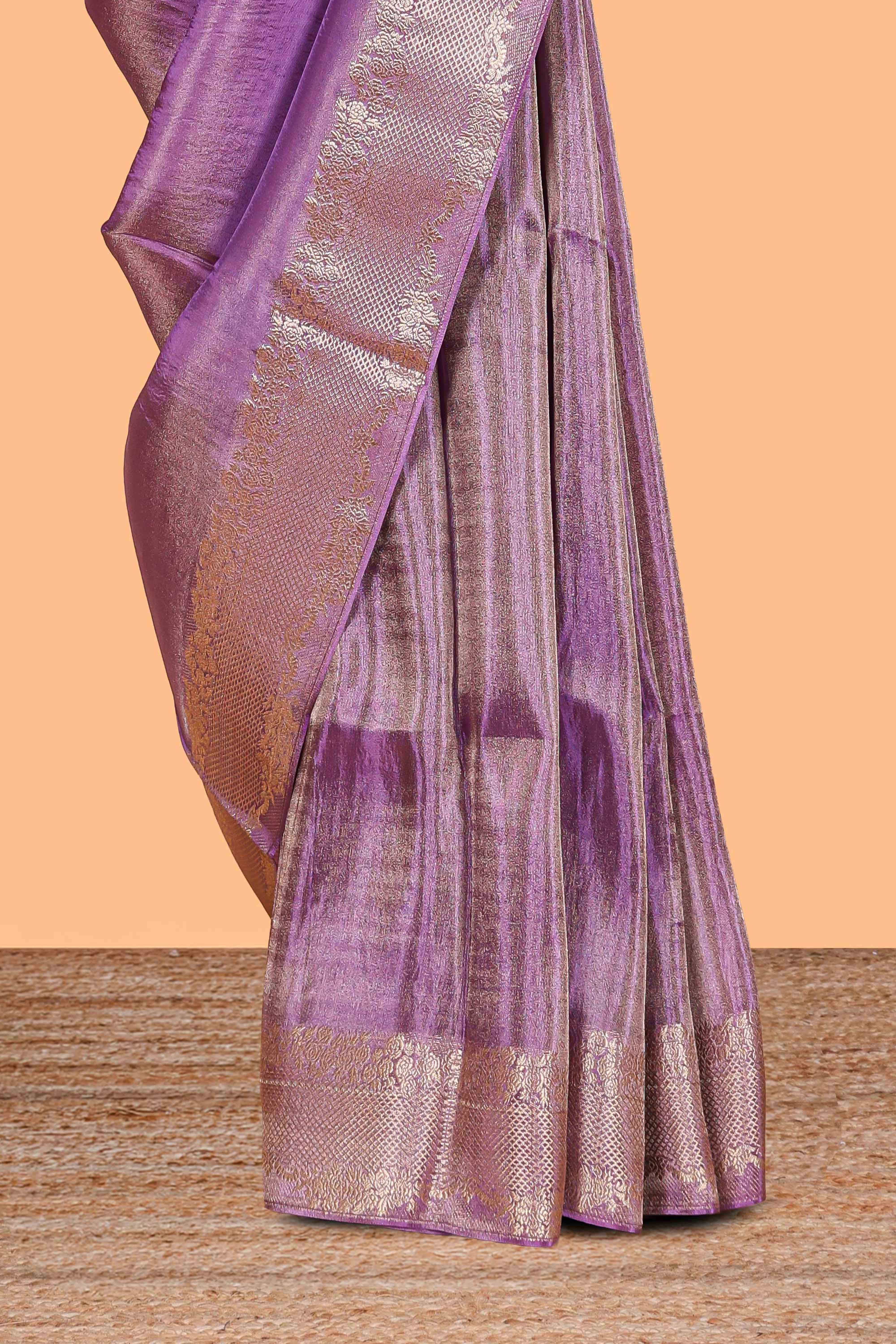 Violet plain banarasi silk saree with self floral design border and contrast printed blouse