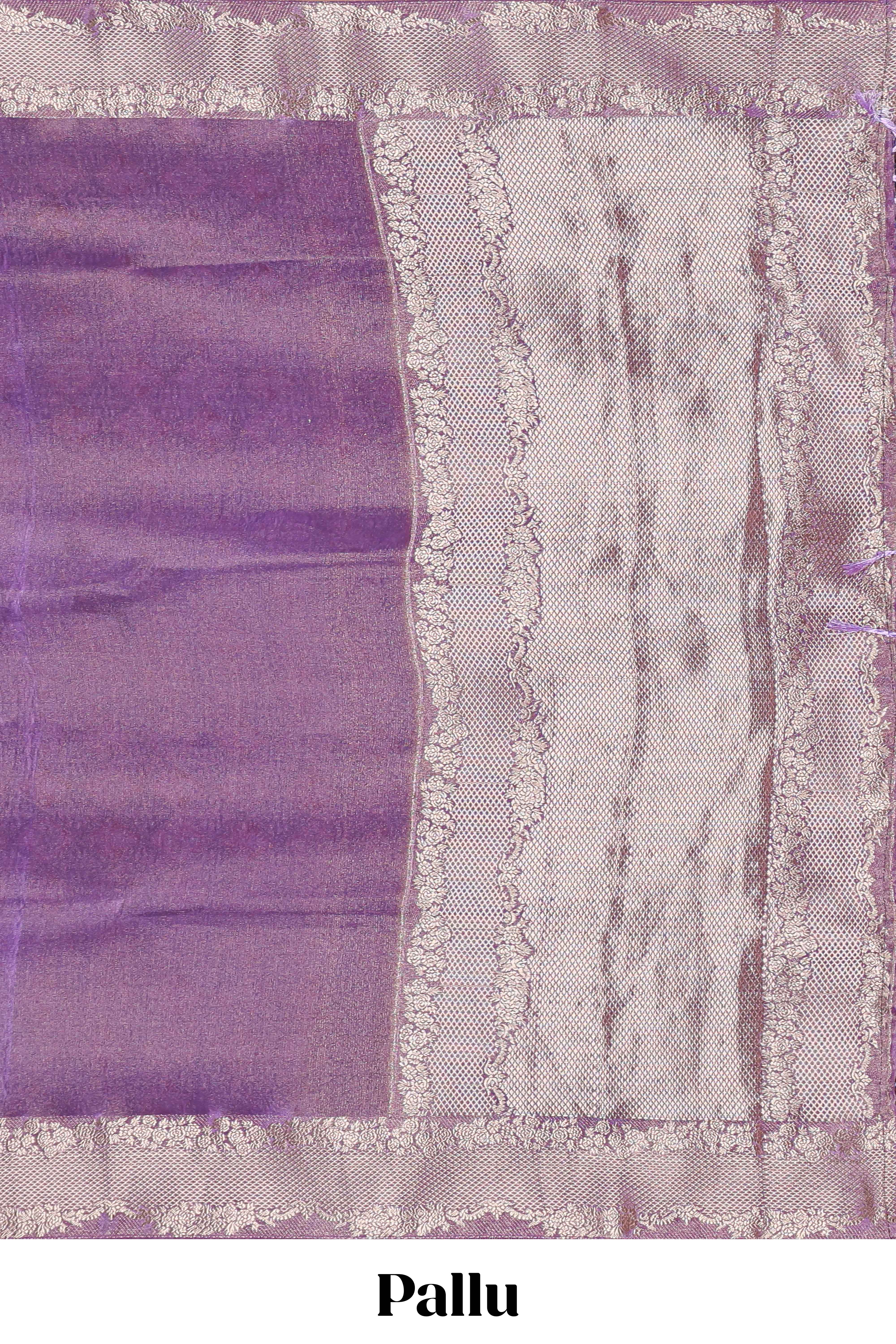 Violet plain banarasi silk saree with self floral design border and contrast printed blouse