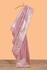 Pink floral design motifs banarasi silk saree with self border and matching floral print blouse