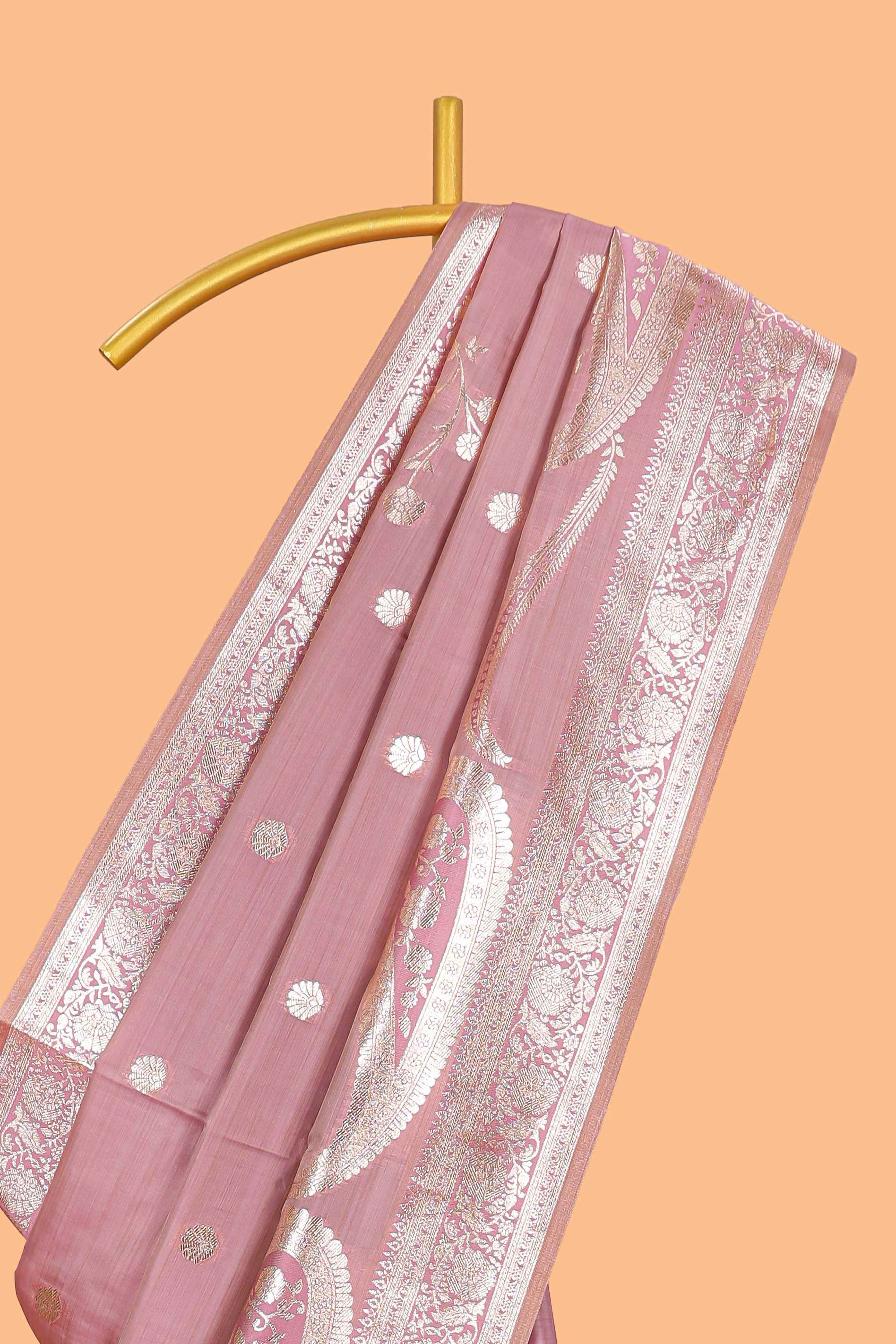 Pink floral design motifs banarasi silk saree with self border and matching floral print blouse