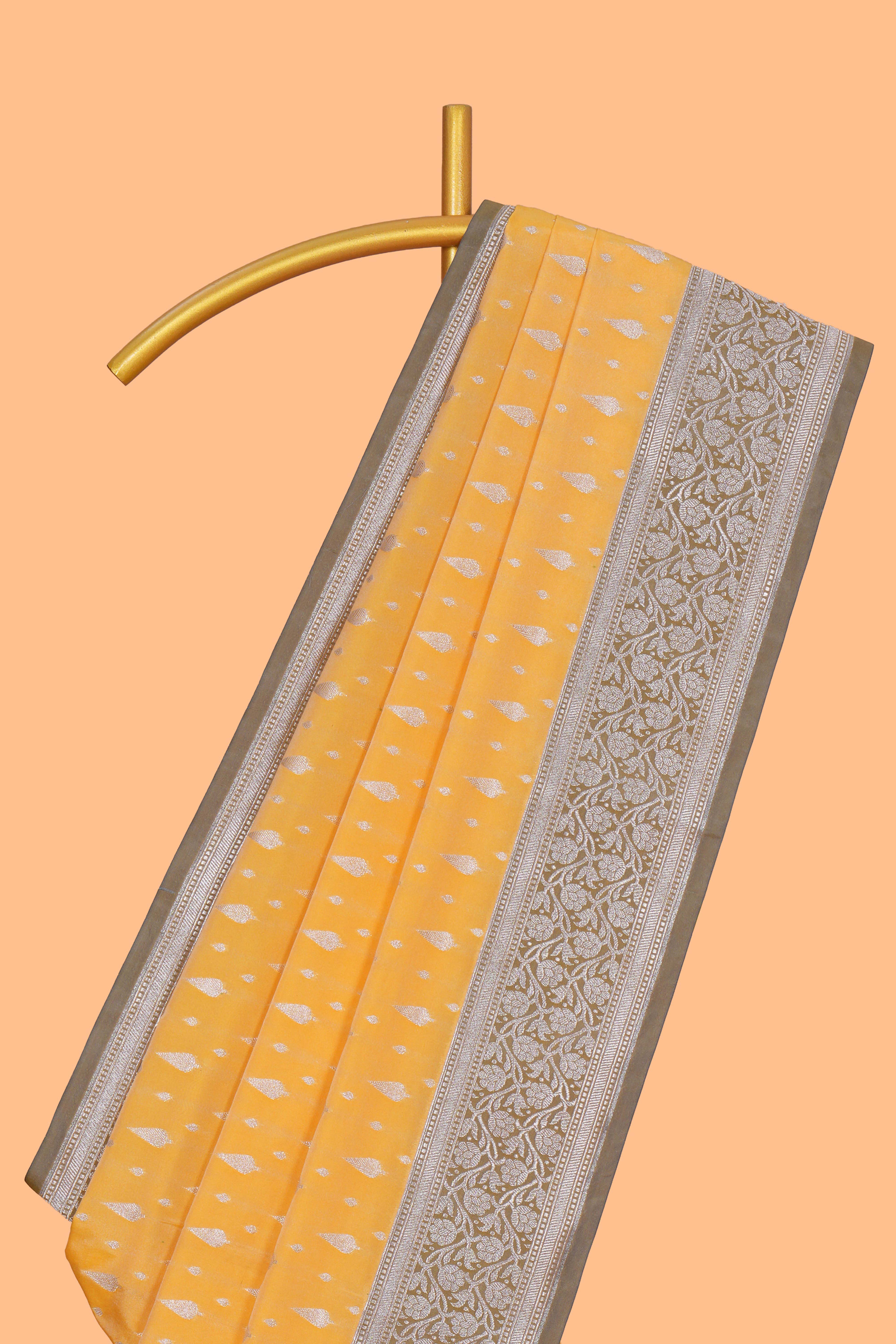 Yellow zari motifs design banarasi silk saree with contrast border and matching blouse