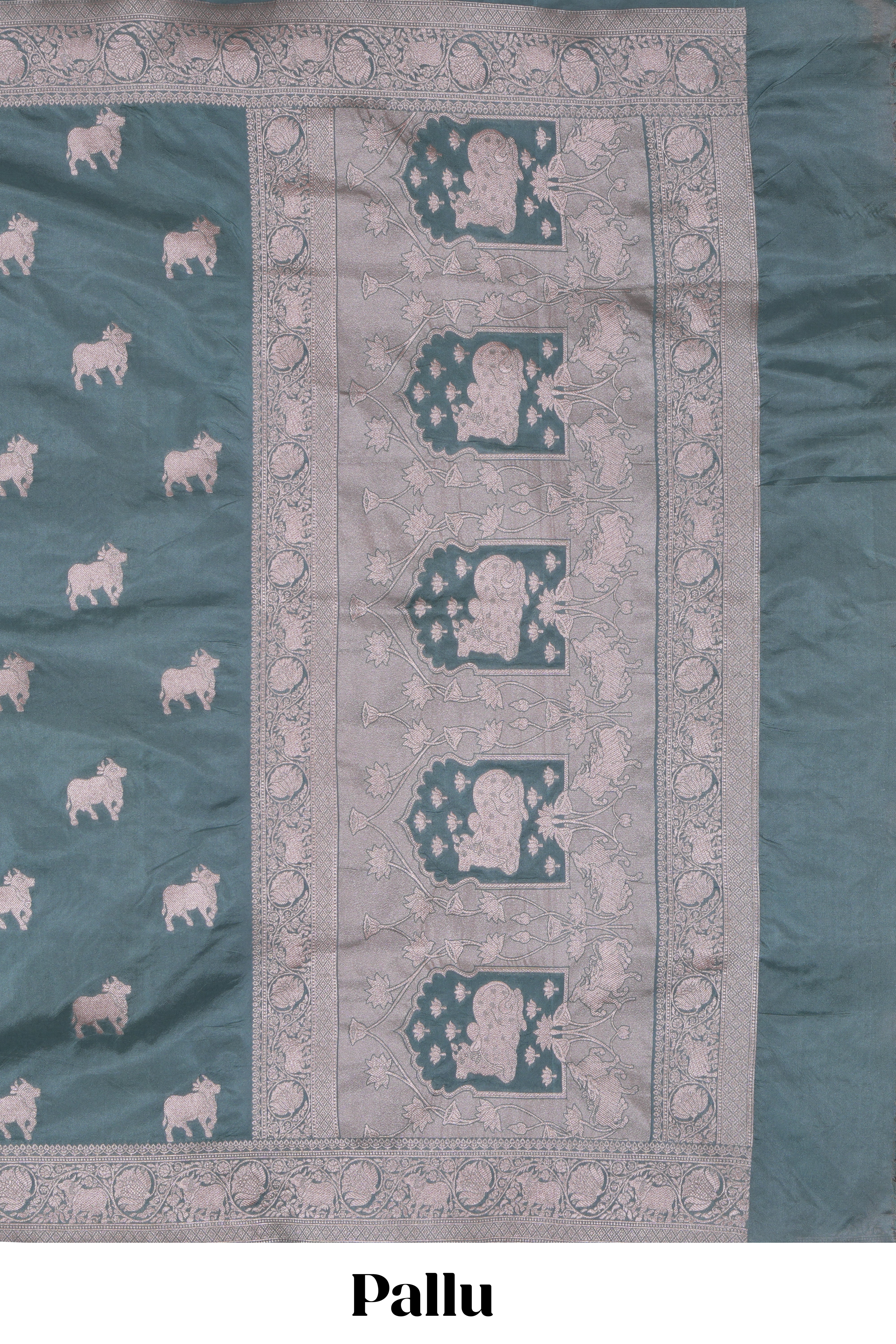Jade green cow zari motifs design banarasi silk saree with self border and matching blouse