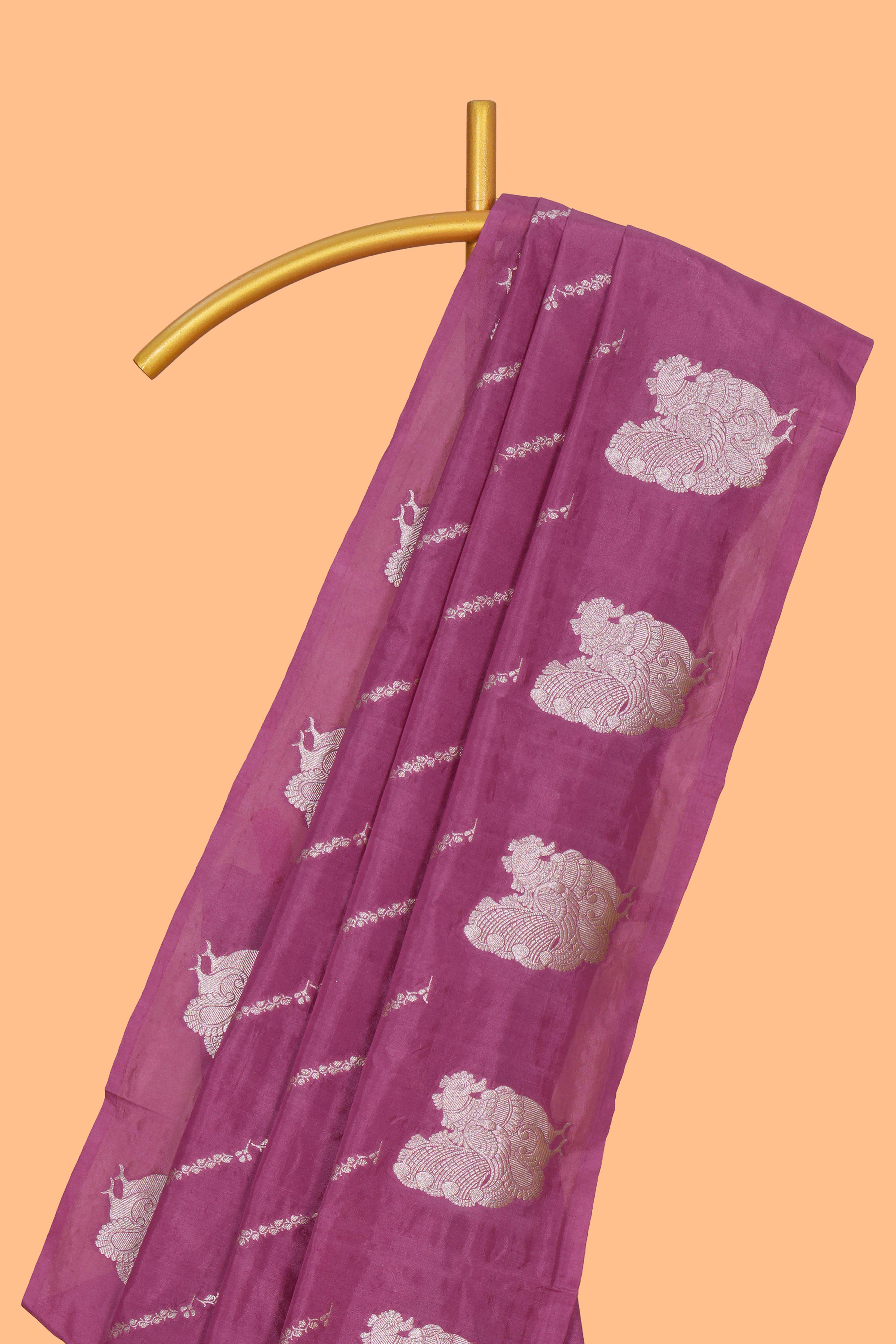 Raspeberry striped zari design banarasi silk saree with self border and matching blouse
