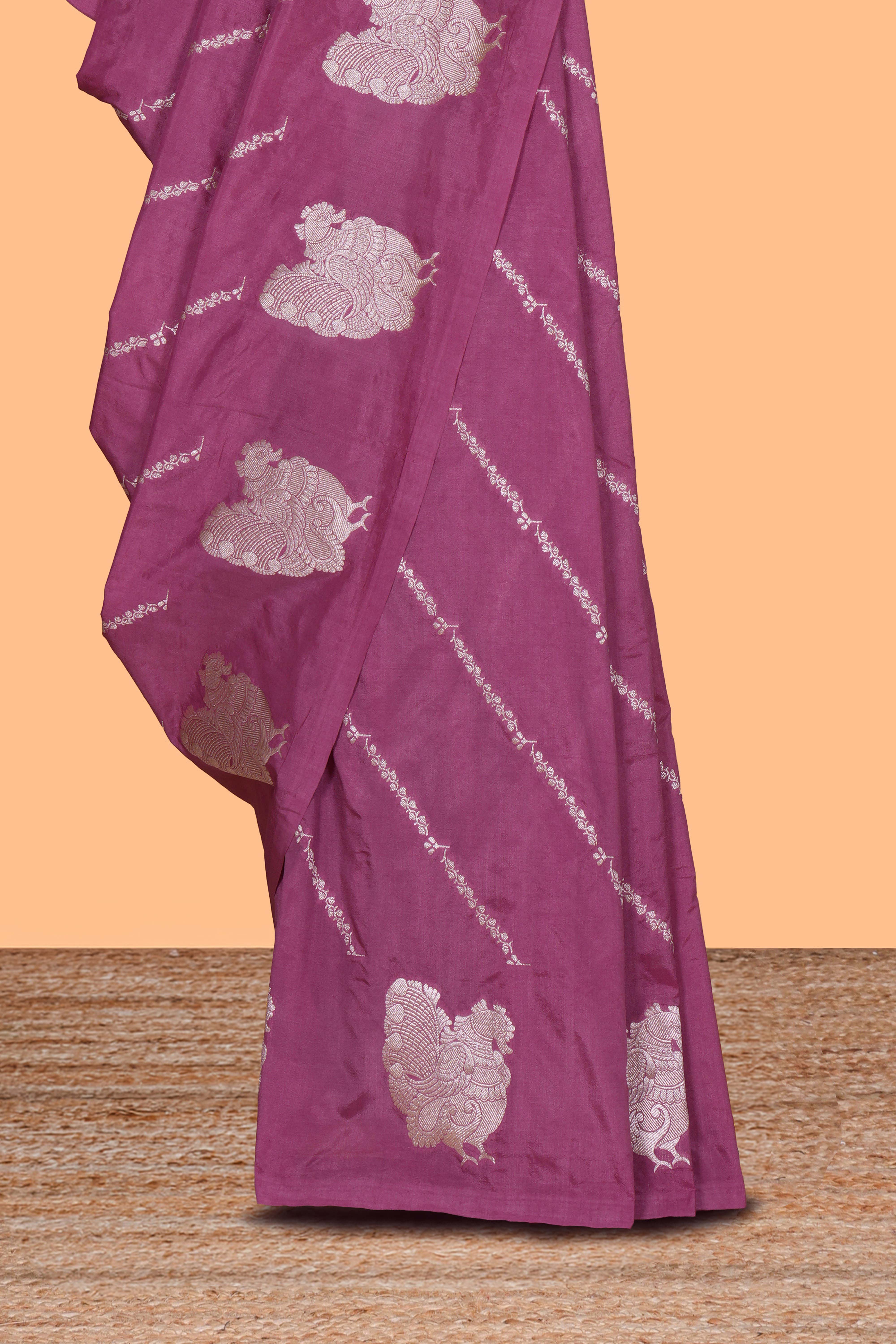 Raspeberry striped zari design banarasi silk saree with self border and matching blouse