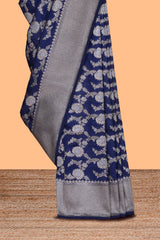 Royal blue floral vines design banarasi silk saree with self border and matching blouse