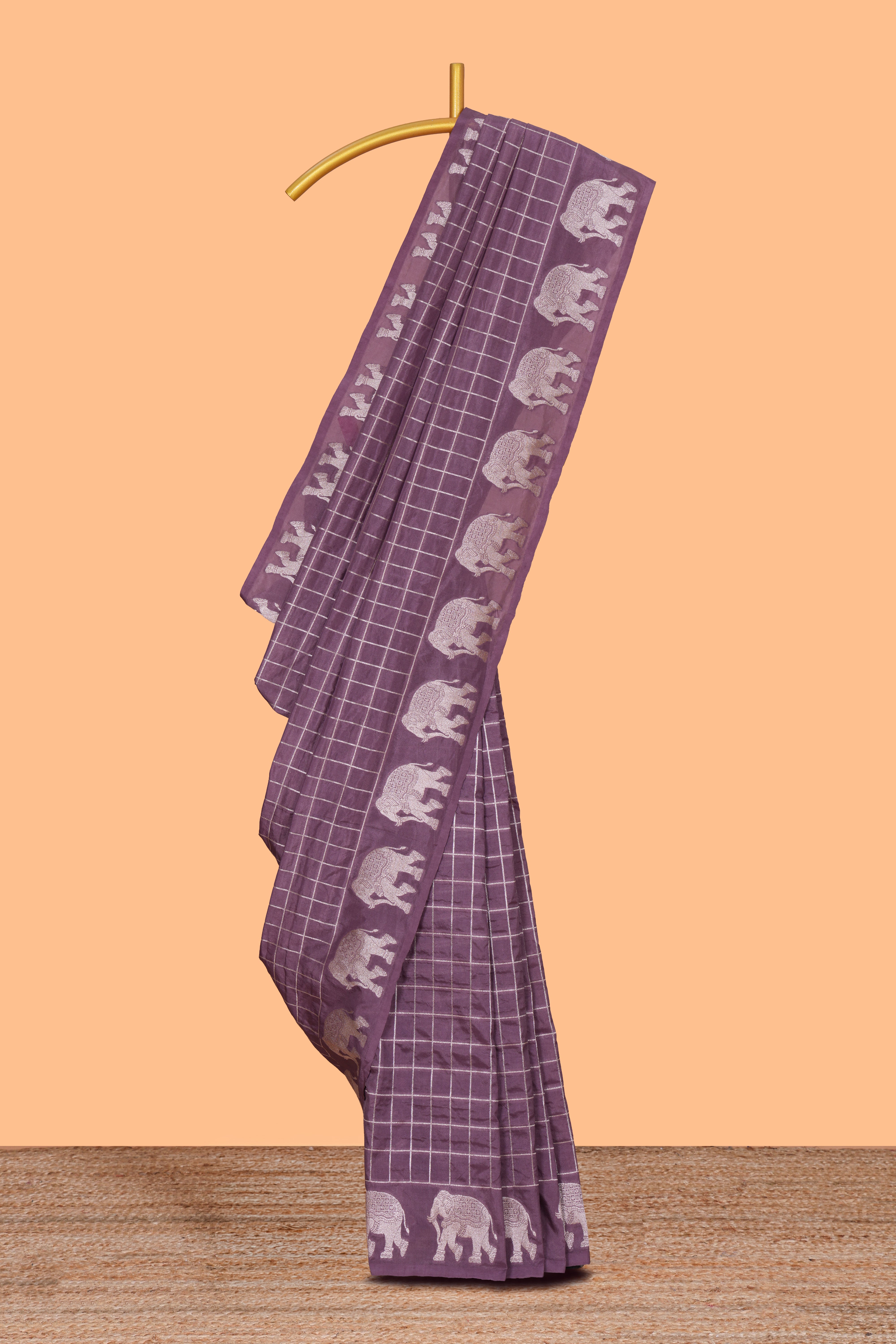 Mauve purple checked design banarasi silk saree with self elephant border and matching blouse