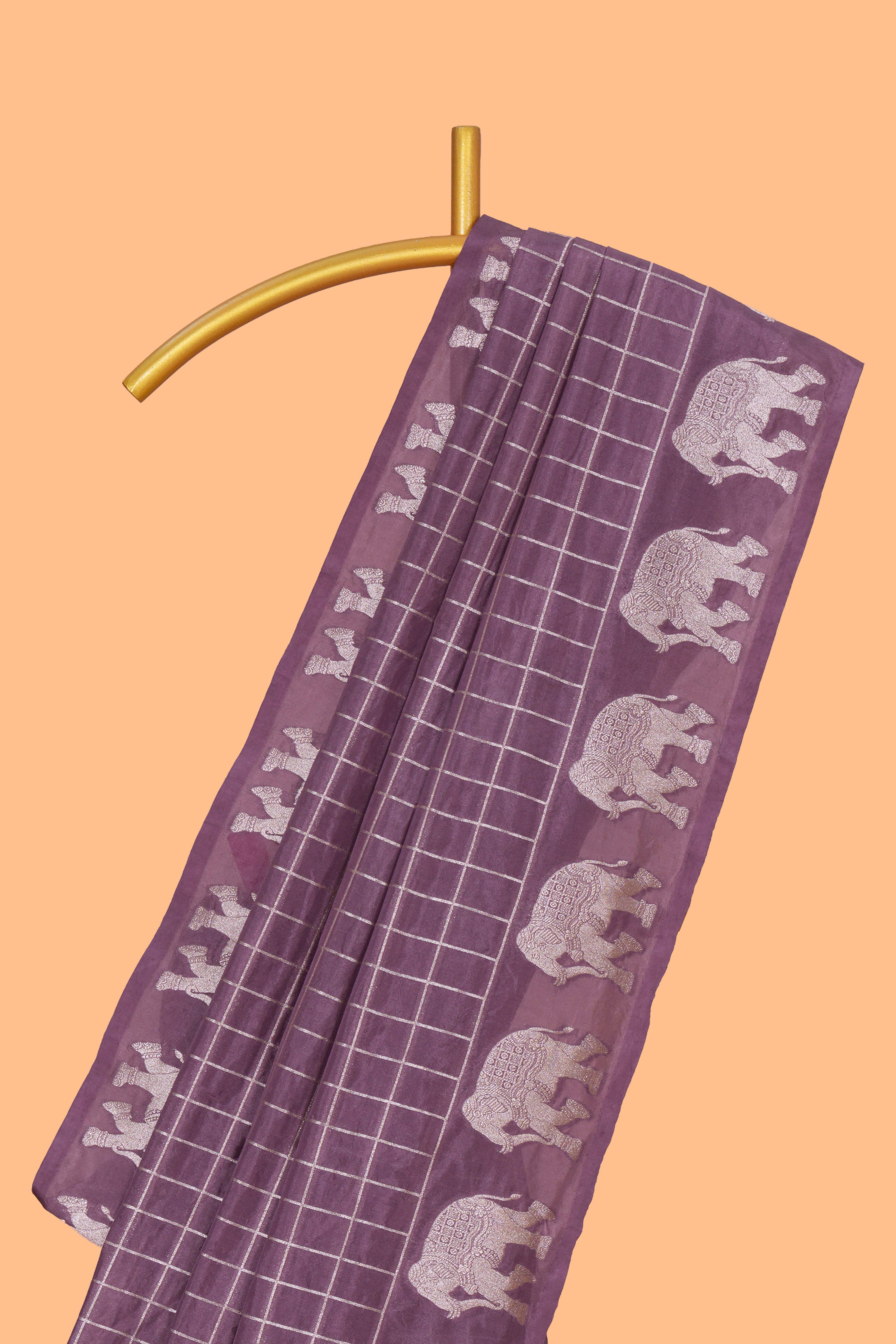 Mauve purple checked design banarasi silk saree with self elephant border and matching blouse