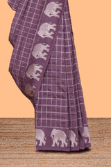 Mauve purple checked design banarasi silk saree with self elephant border and matching blouse