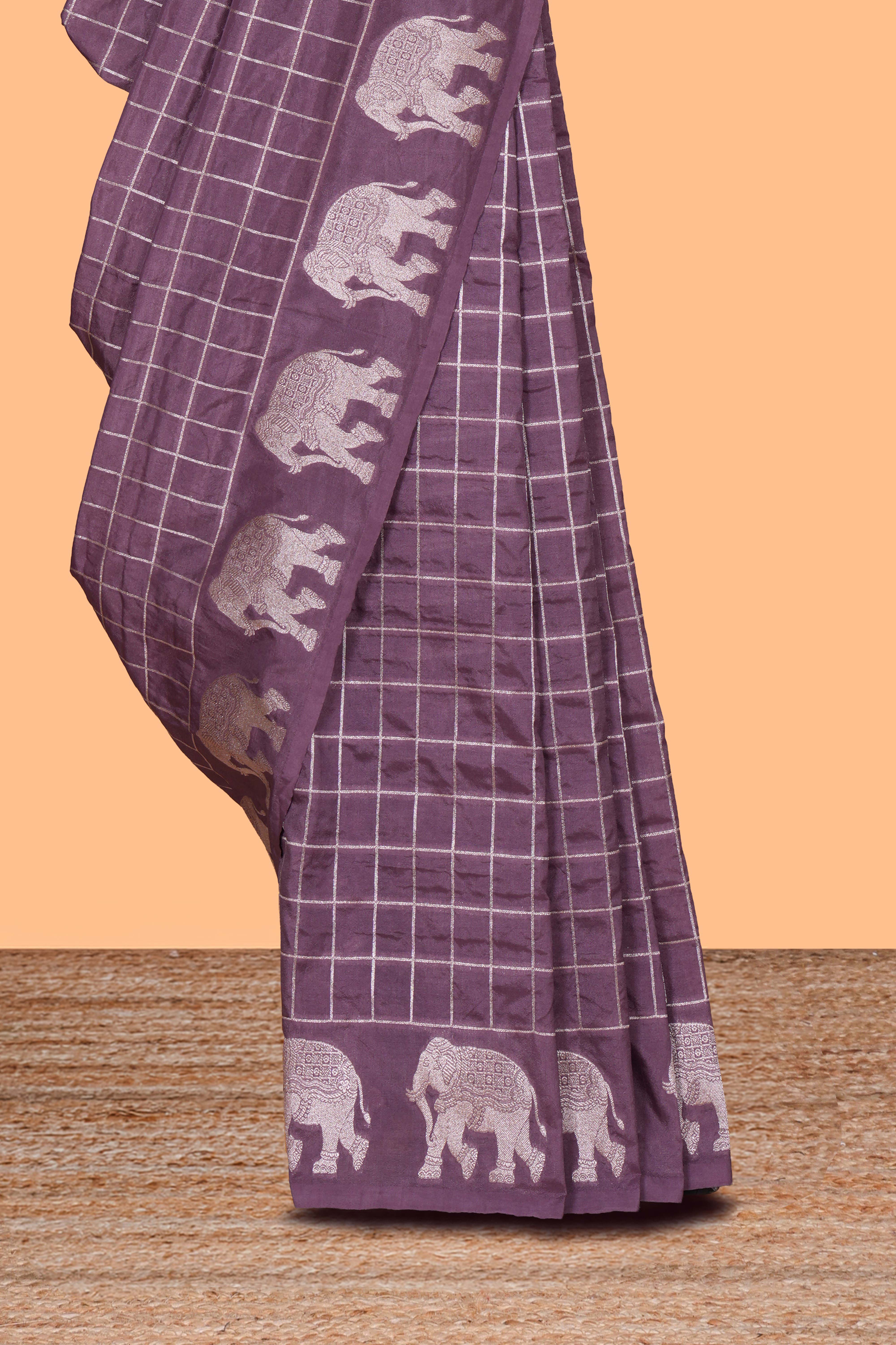 Mauve purple checked design banarasi silk saree with self elephant border and matching blouse