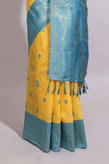 Yellow zari motifs design banarasi silk saree with contrast zari border and buttas blouse