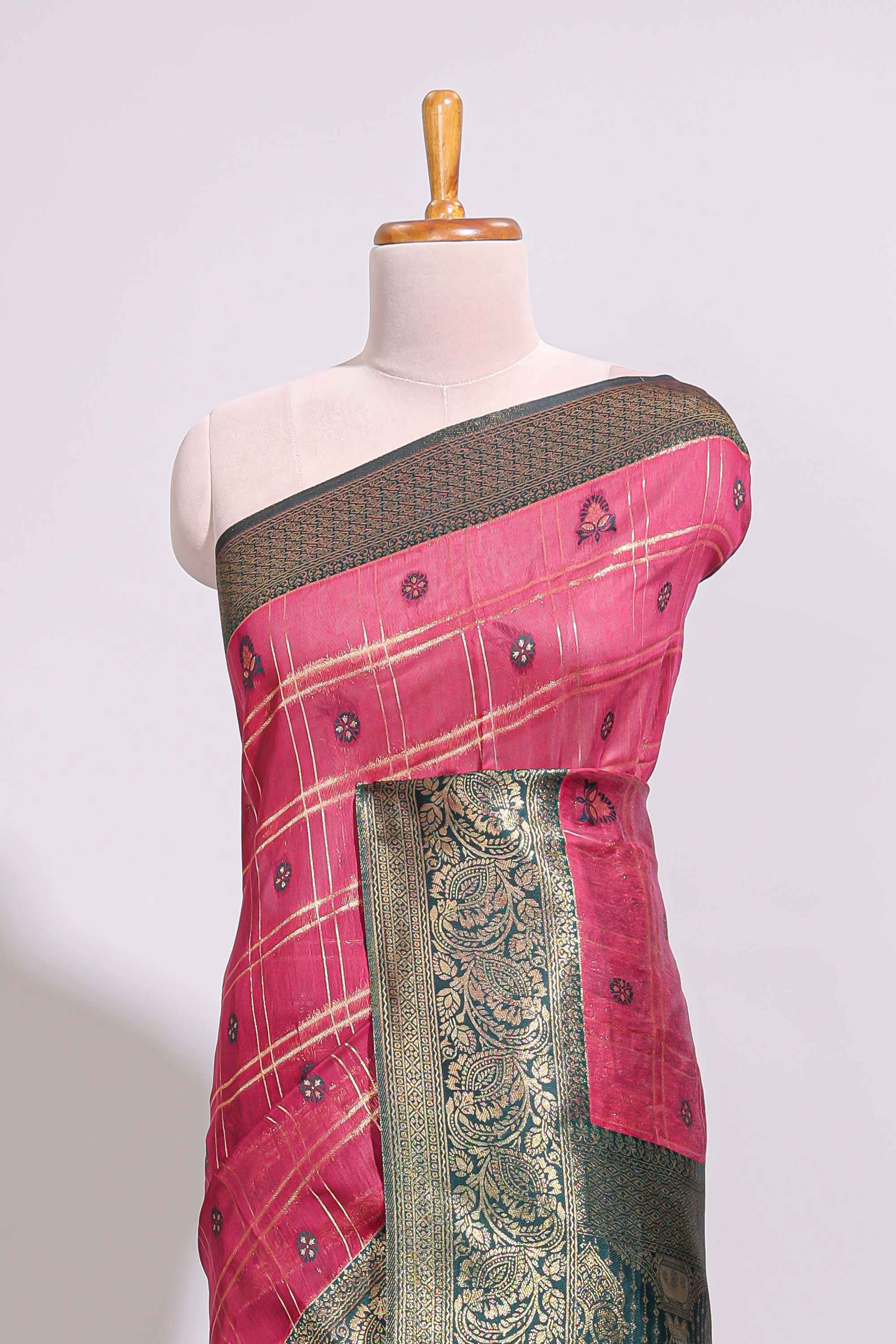 Maroon zari motifs design banarasi silk saree with contrast zari border and buttas blouse