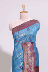 Blue zari motifs design banarasi silk saree with contrast zari border and buttas blouse