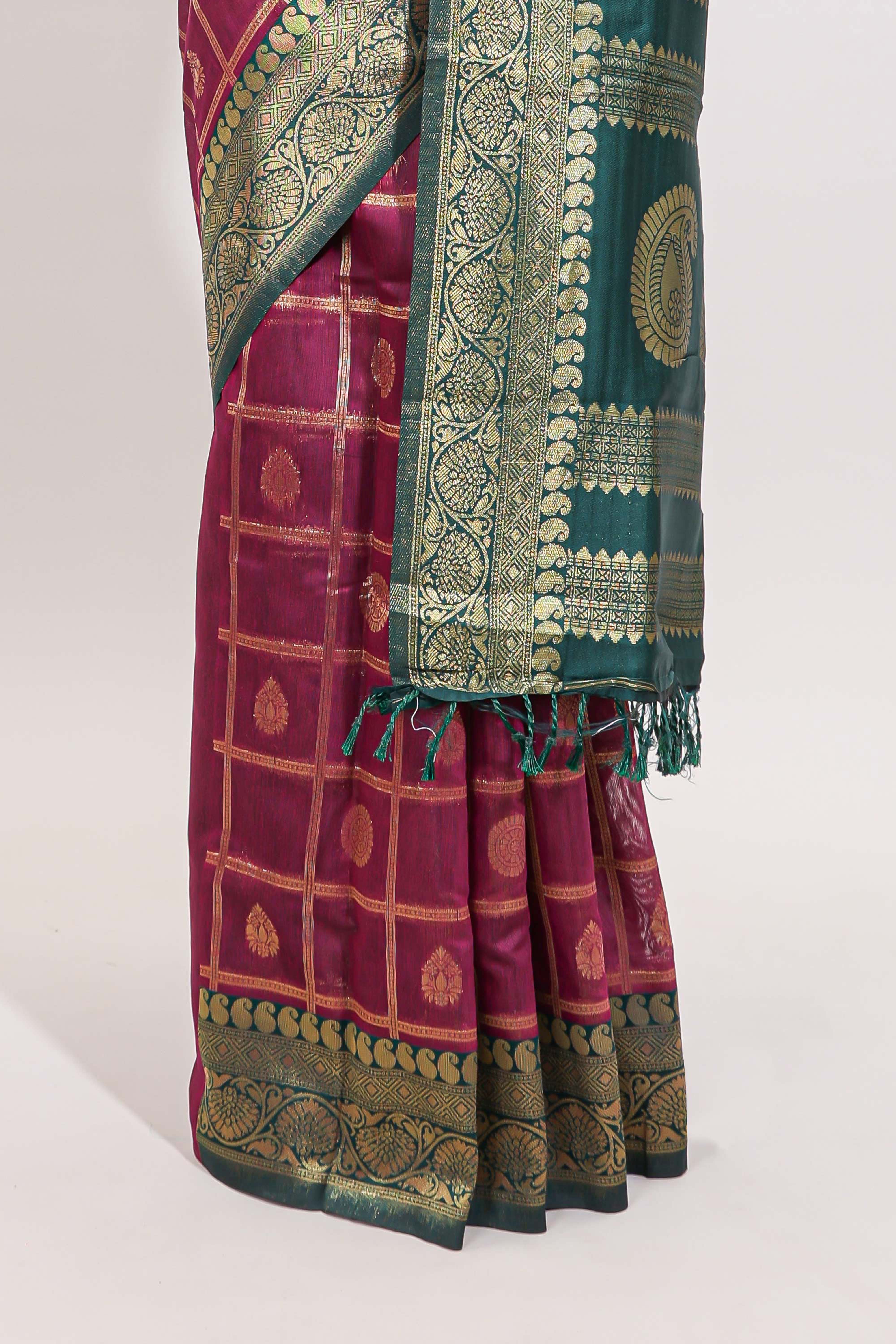 Magenta all-over checked grid pattern and butta banarasi silk saree with green contrast floral zari border and buttas blouse