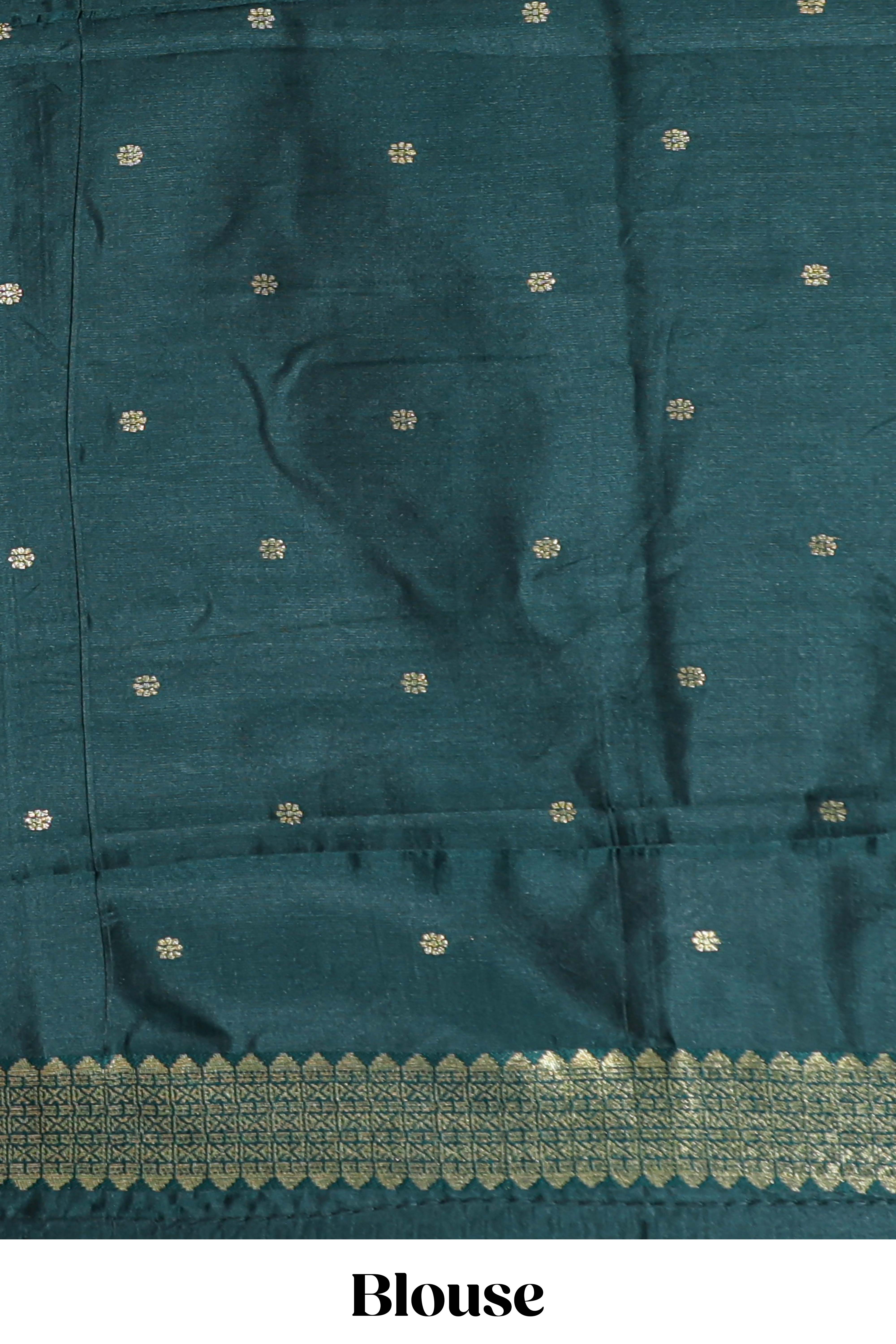 Magenta all-over checked grid pattern and butta banarasi silk saree with green contrast floral zari border and buttas blouse